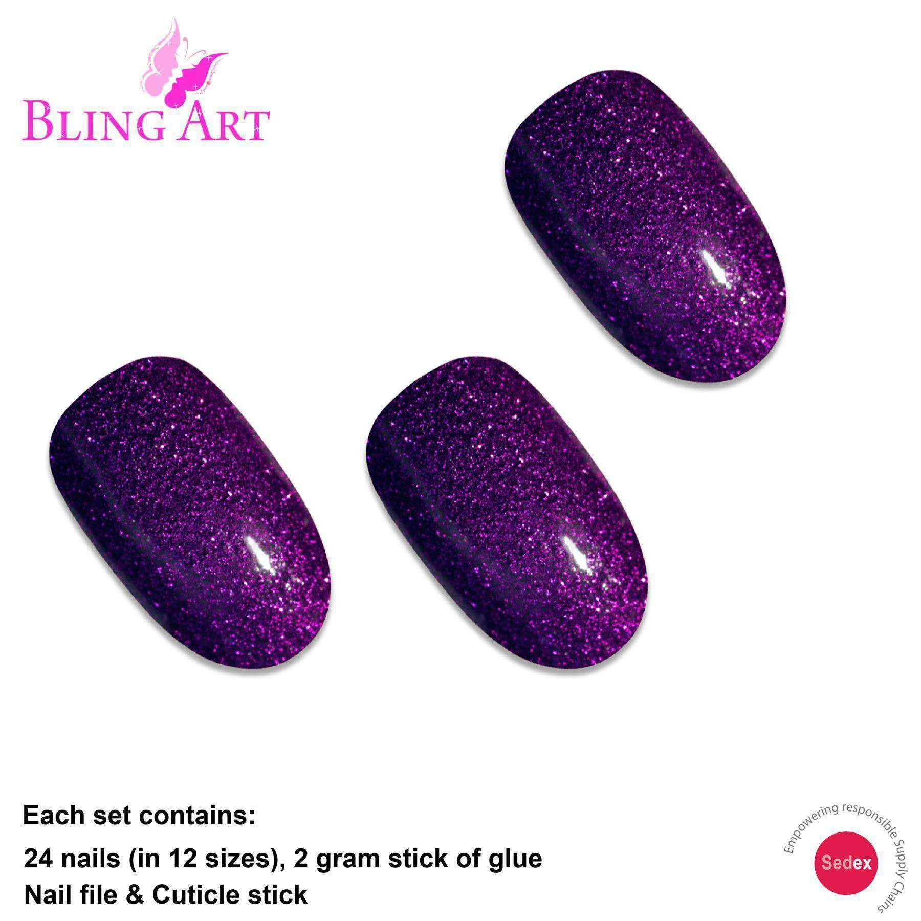 Bling Art Andromeda Purple Gel Oval Medium Fake Acrylic Nails set with glue, nail file, and cuticle stick.