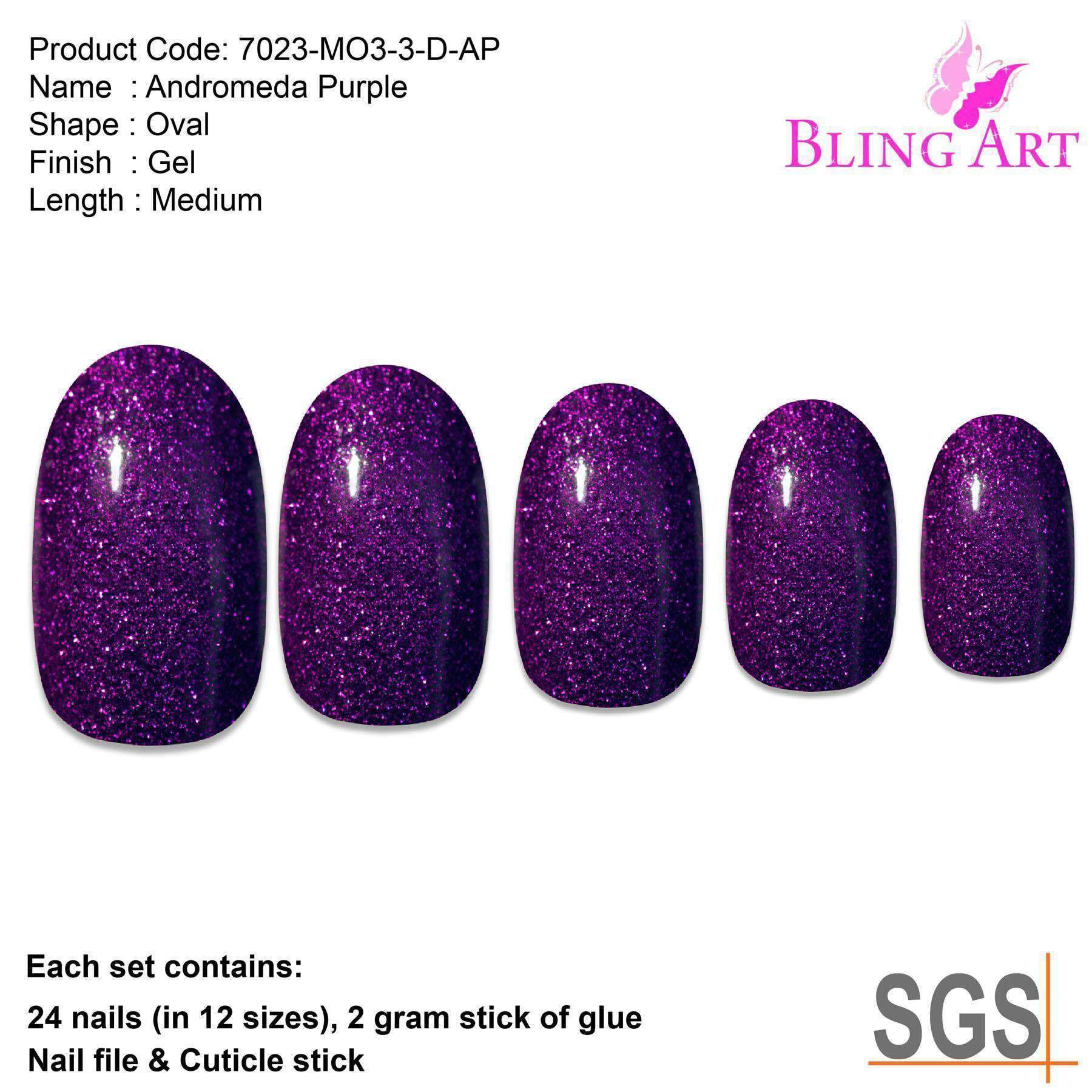 Bling Art Andromeda Purple Gel Oval Medium Fake Acrylic Nails set with glue, nail file, and cuticle stick.