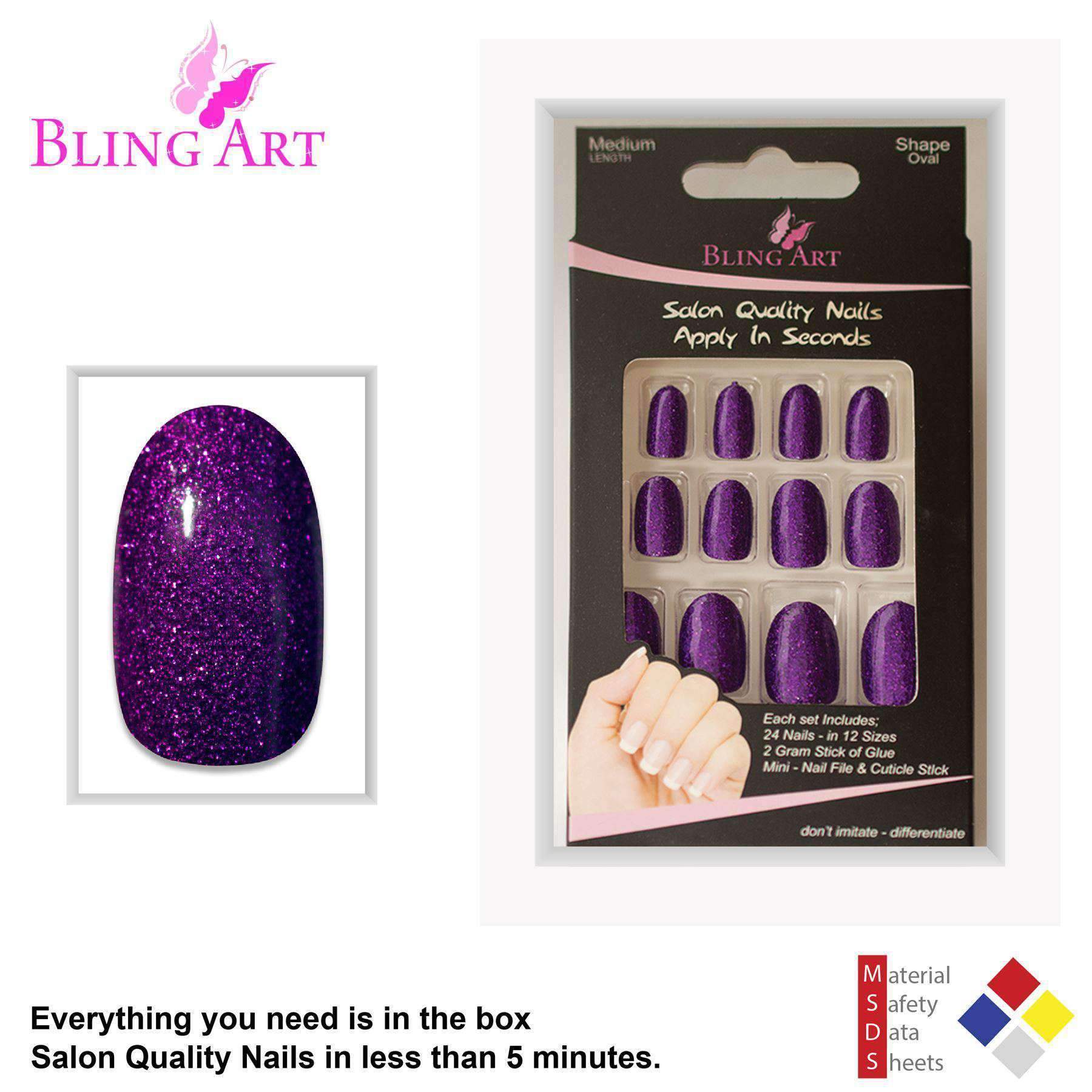 Bling Art Andromeda Purple Gel Oval Medium Fake Acrylic Nails set with glue, nail file, and cuticle stick.