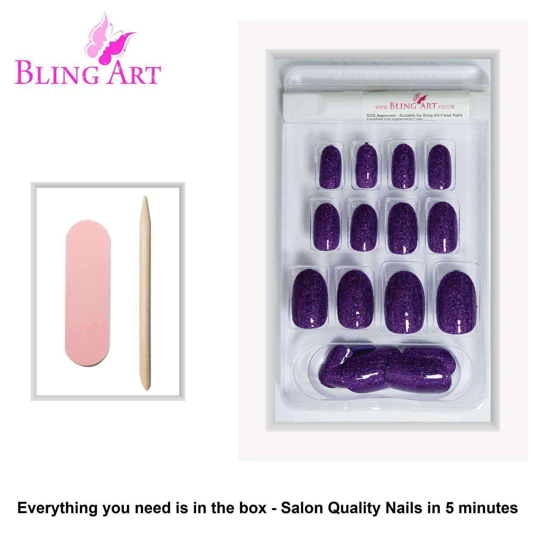 Bling Art Andromeda Purple Gel Oval Medium Fake Acrylic Nails set with glue, nail file, and cuticle stick.