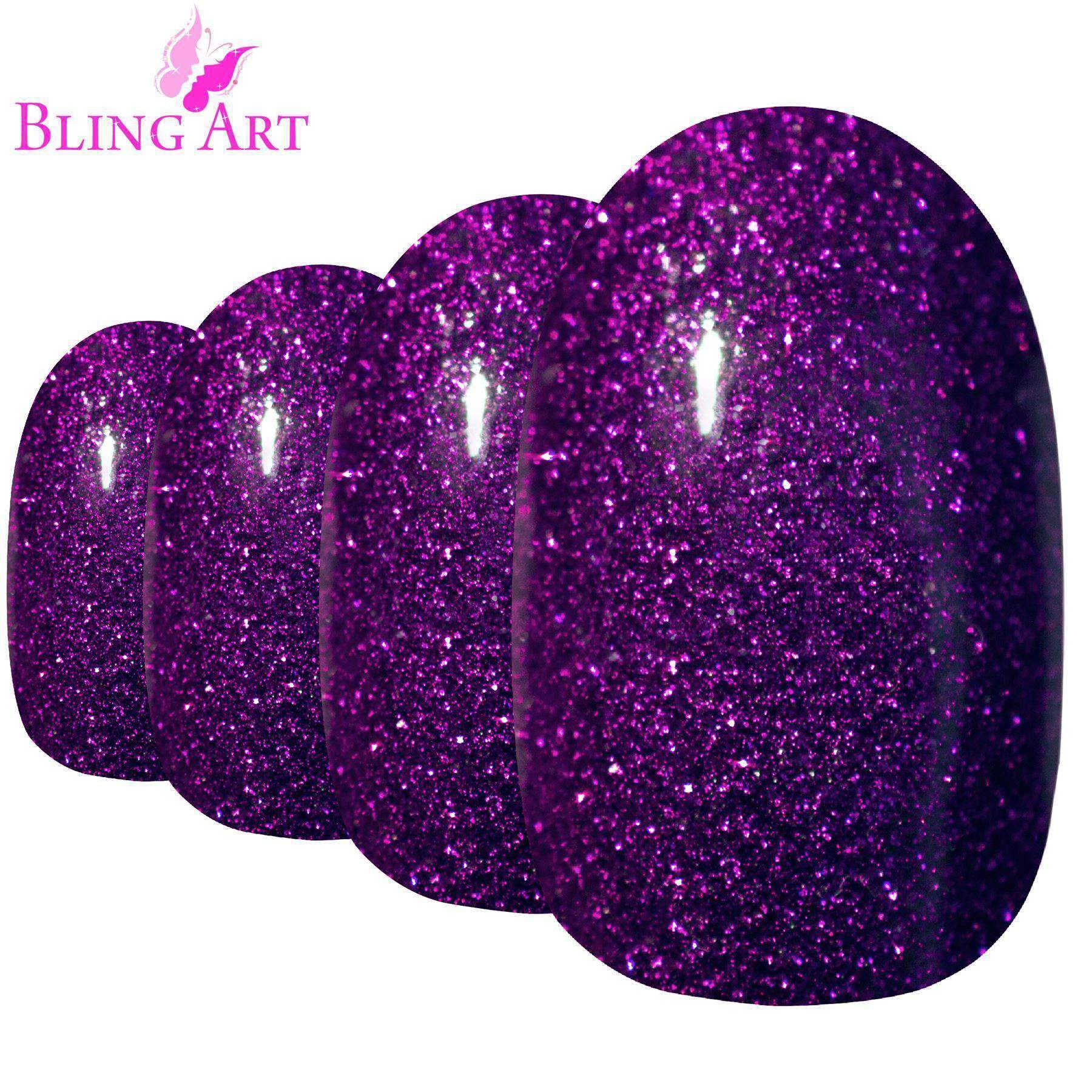 Bling Art Andromeda Purple Gel Oval Medium Fake Acrylic Nails set with glue, nail file, and cuticle stick.