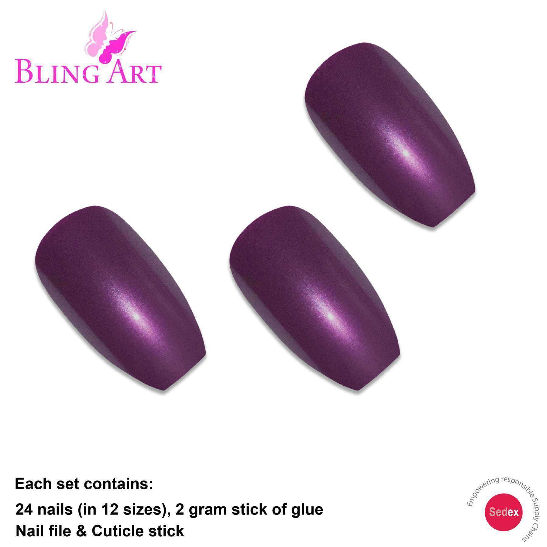 Bling Art Purple Glitter Ballerina Coffin Fake Nails set with 24 acrylic tips, glue, nail file, and cuticle stick in a stylish package.