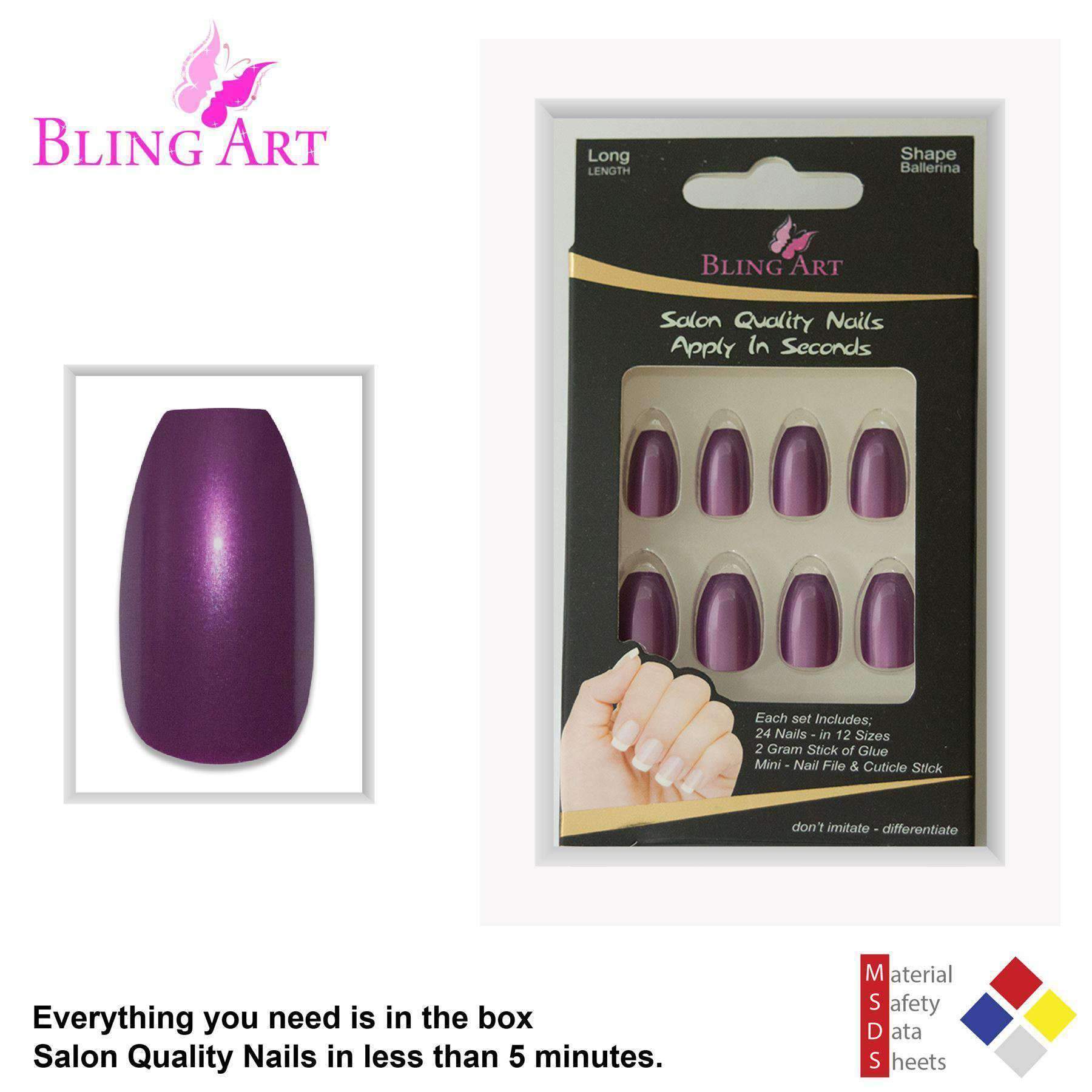 Bling Art Purple Glitter Ballerina Coffin Fake Nails set with 24 acrylic tips, glue, nail file, and cuticle stick in a stylish package.