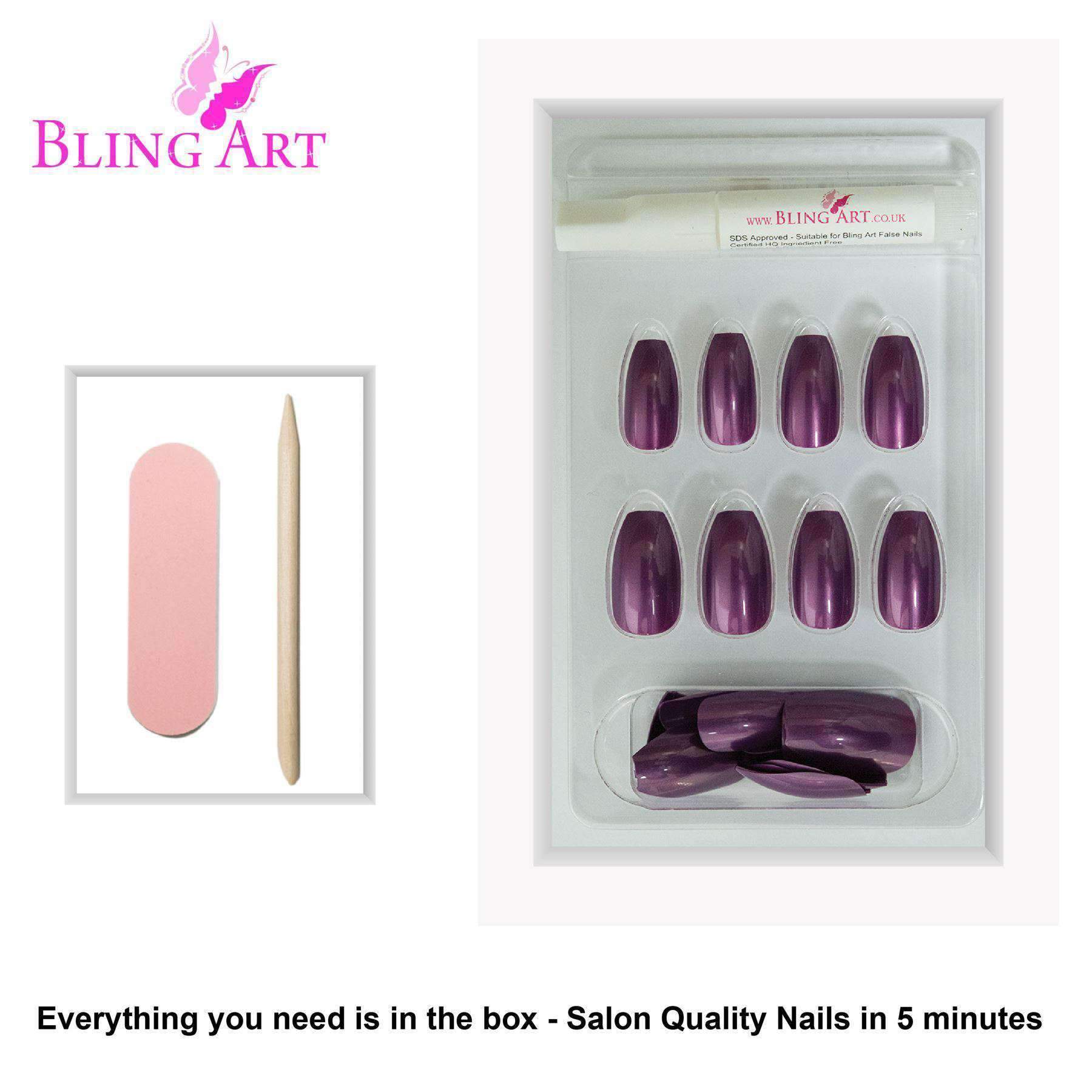 Bling Art Purple Glitter Ballerina Coffin Fake Nails set with 24 acrylic tips, glue, nail file, and cuticle stick in a stylish package.