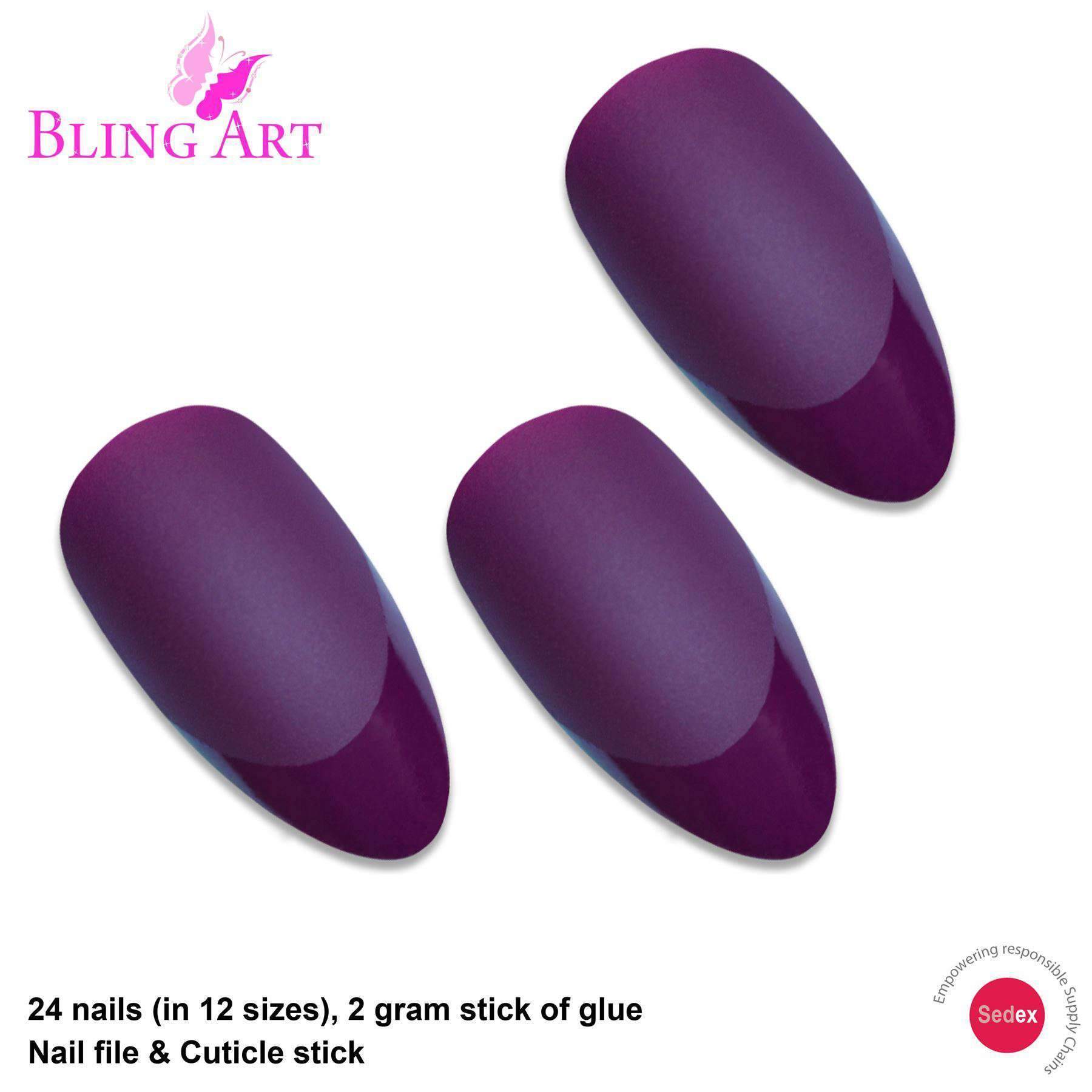 Bling Art Purple Matte Almond Stiletto false nails set with 24 long acrylic tips, glue, nail file, and cuticle stick.