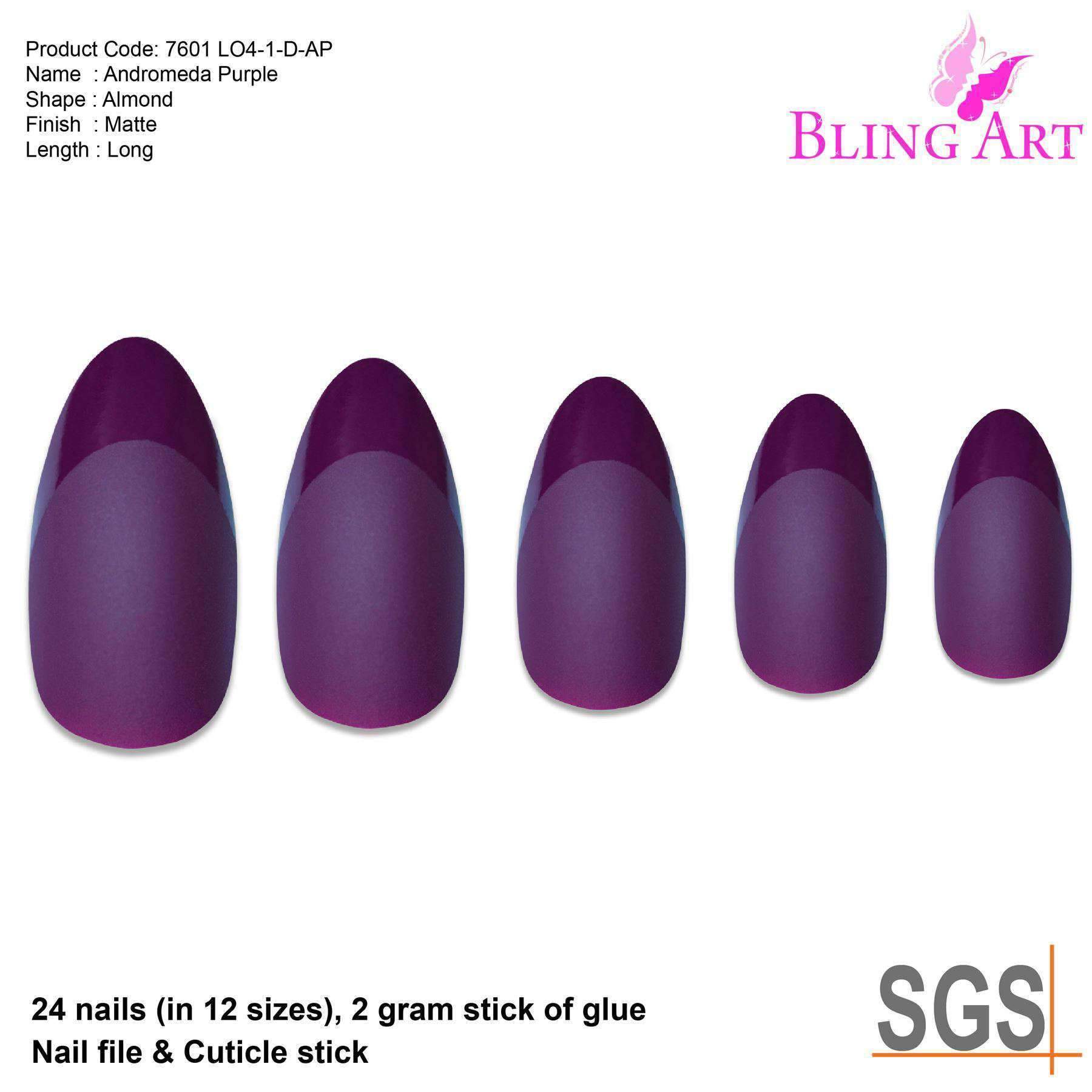 Bling Art Purple Matte Almond Stiletto false nails set with 24 long acrylic tips, glue, nail file, and cuticle stick.