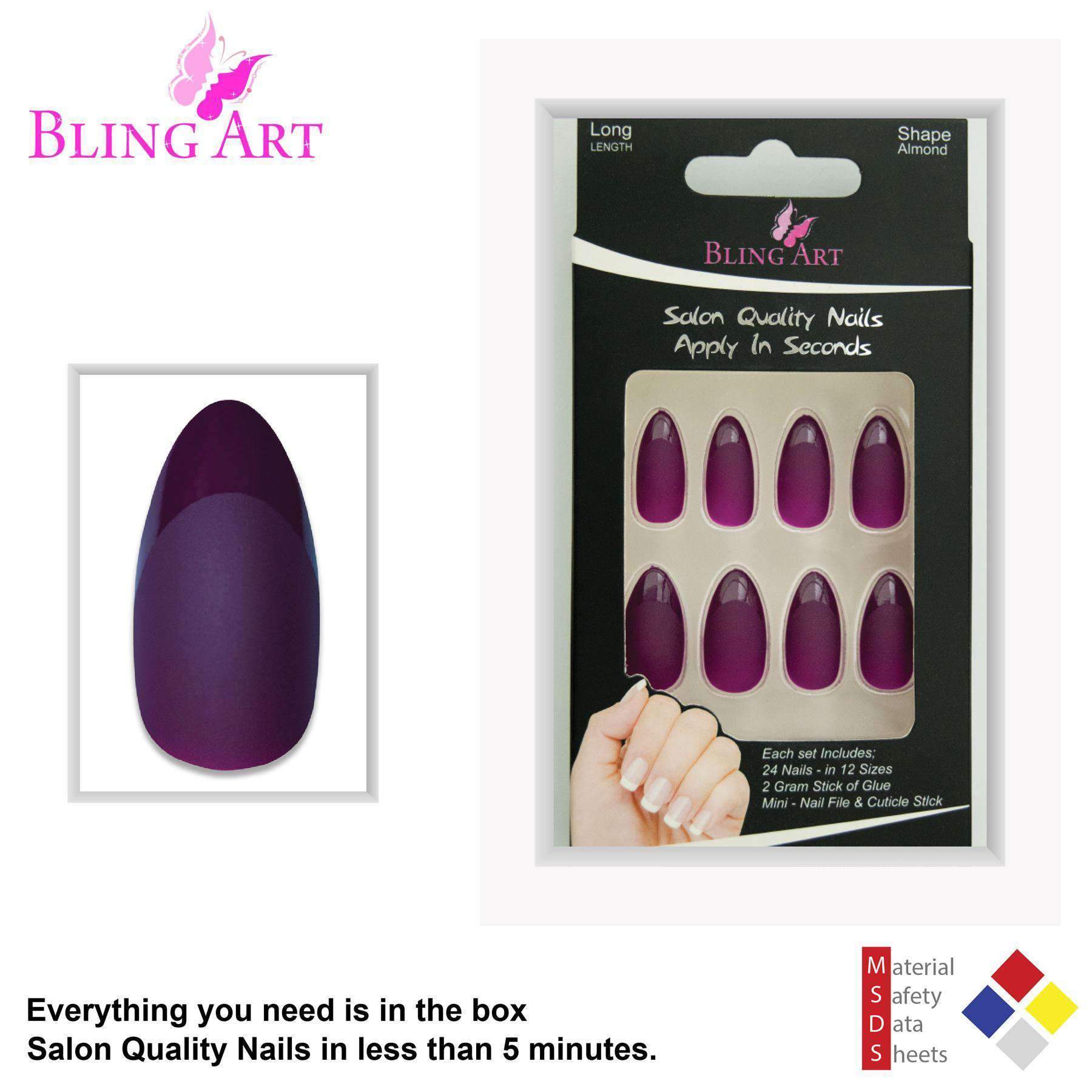 Bling Art Purple Matte Almond Stiletto false nails set with 24 long acrylic tips, glue, nail file, and cuticle stick.