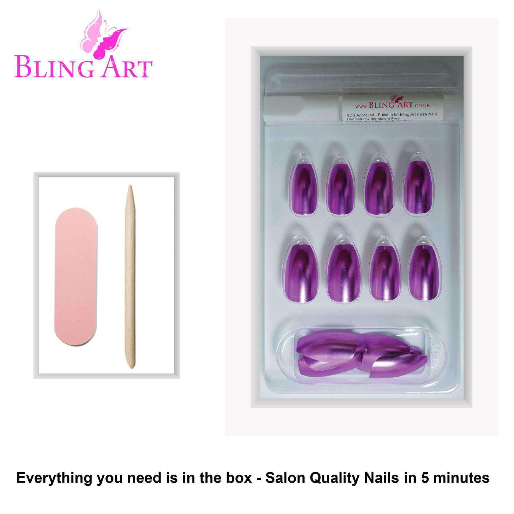 Bling Art Purple Matte Metallic Ballerina Coffin Fake Nails set with glue, nail file, and cuticle stick.