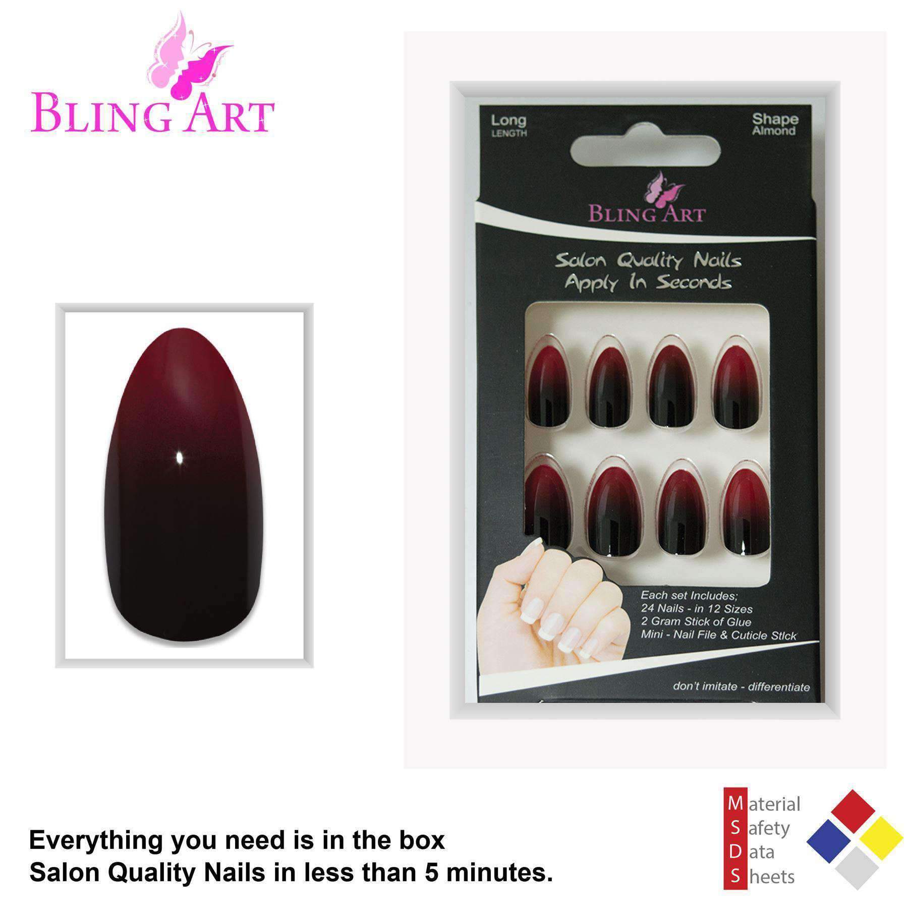 Bling Art Red Black Almond Stiletto Acrylic Nails set with 24 fake nail tips, glue, nail file, and cuticle stick displayed elegantly.