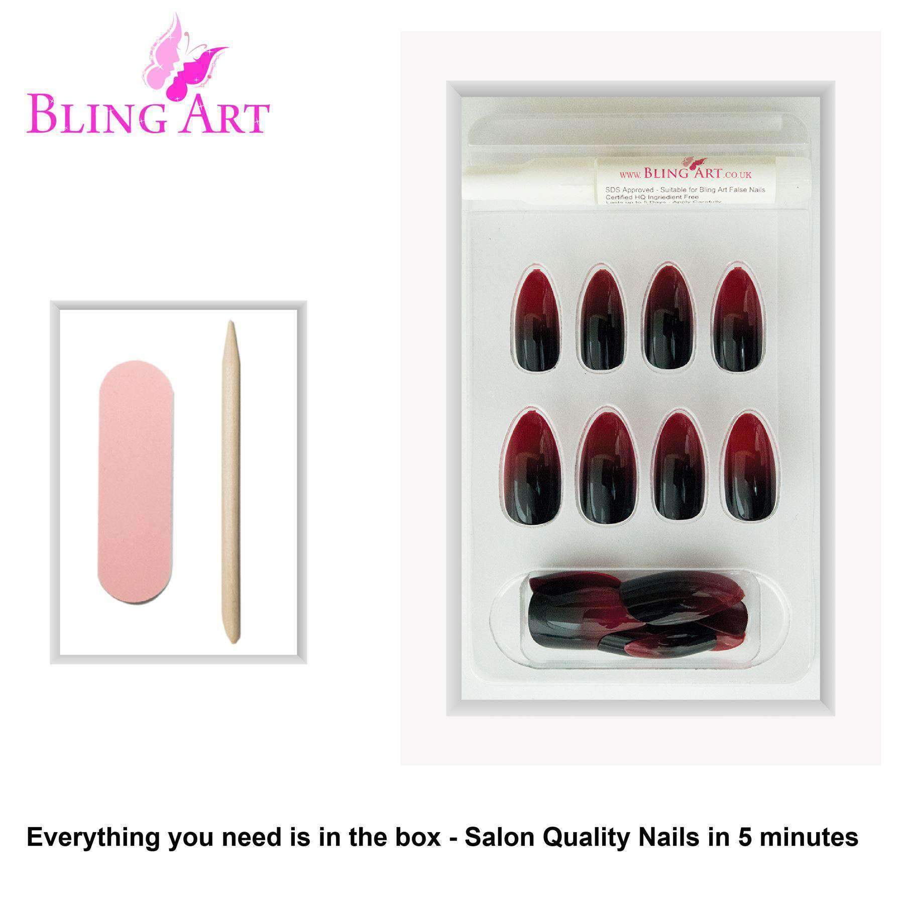 Bling Art Red Black Almond Stiletto Acrylic Nails set with 24 fake nail tips, glue, nail file, and cuticle stick displayed elegantly.