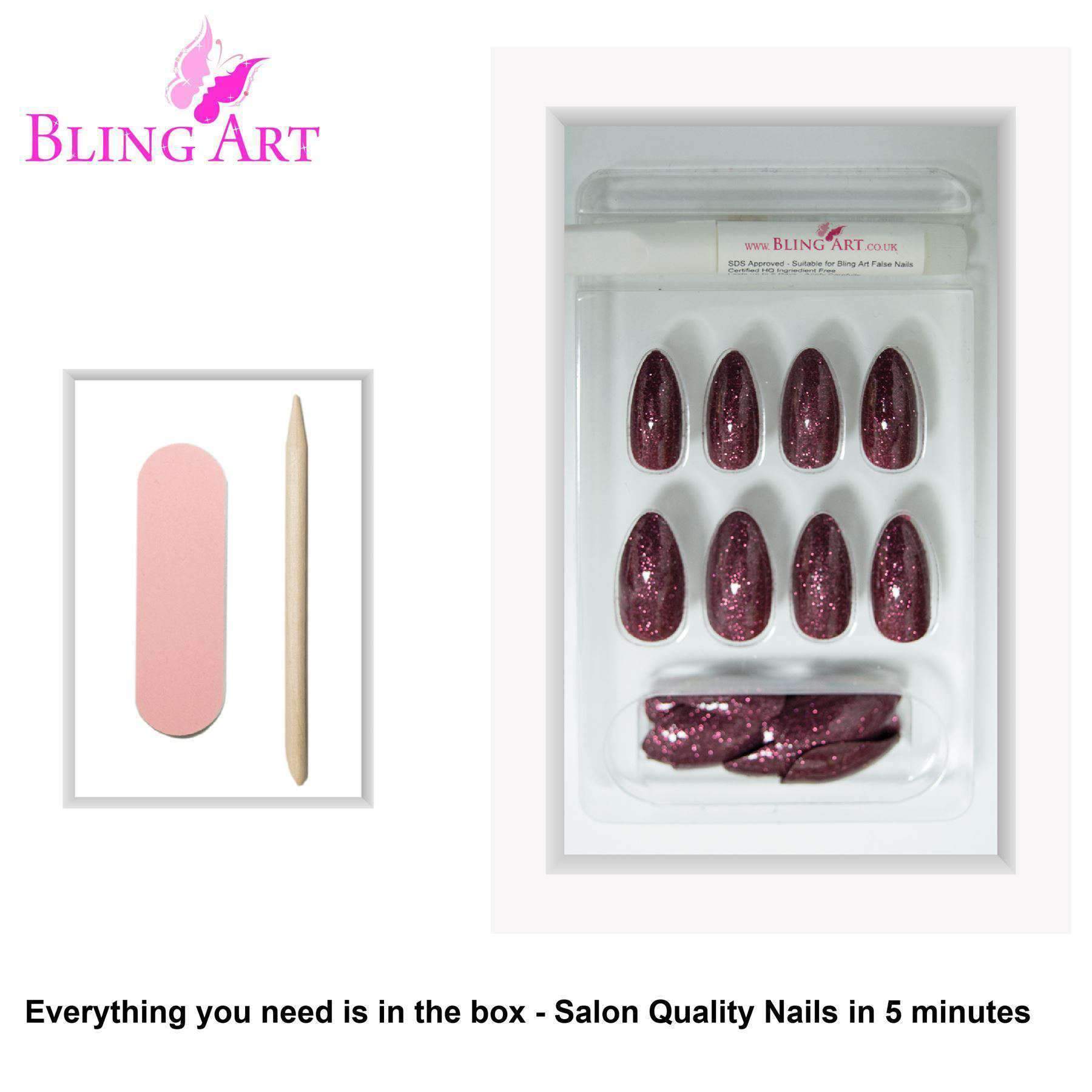 Bling Art Sangria Red Brown Gel Almond Stiletto Fake Nails with glue, nail file, and cuticle stick displayed elegantly.