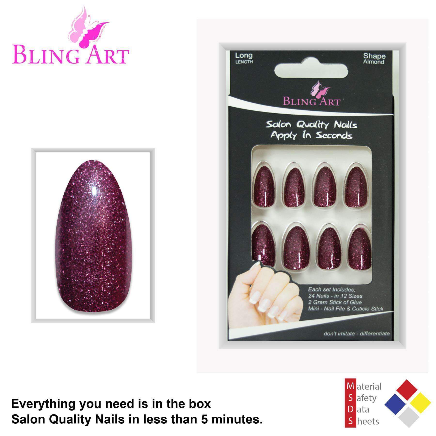 Bling Art Sangria Red Brown Gel Almond Stiletto Fake Nails with glue, nail file, and cuticle stick displayed elegantly.