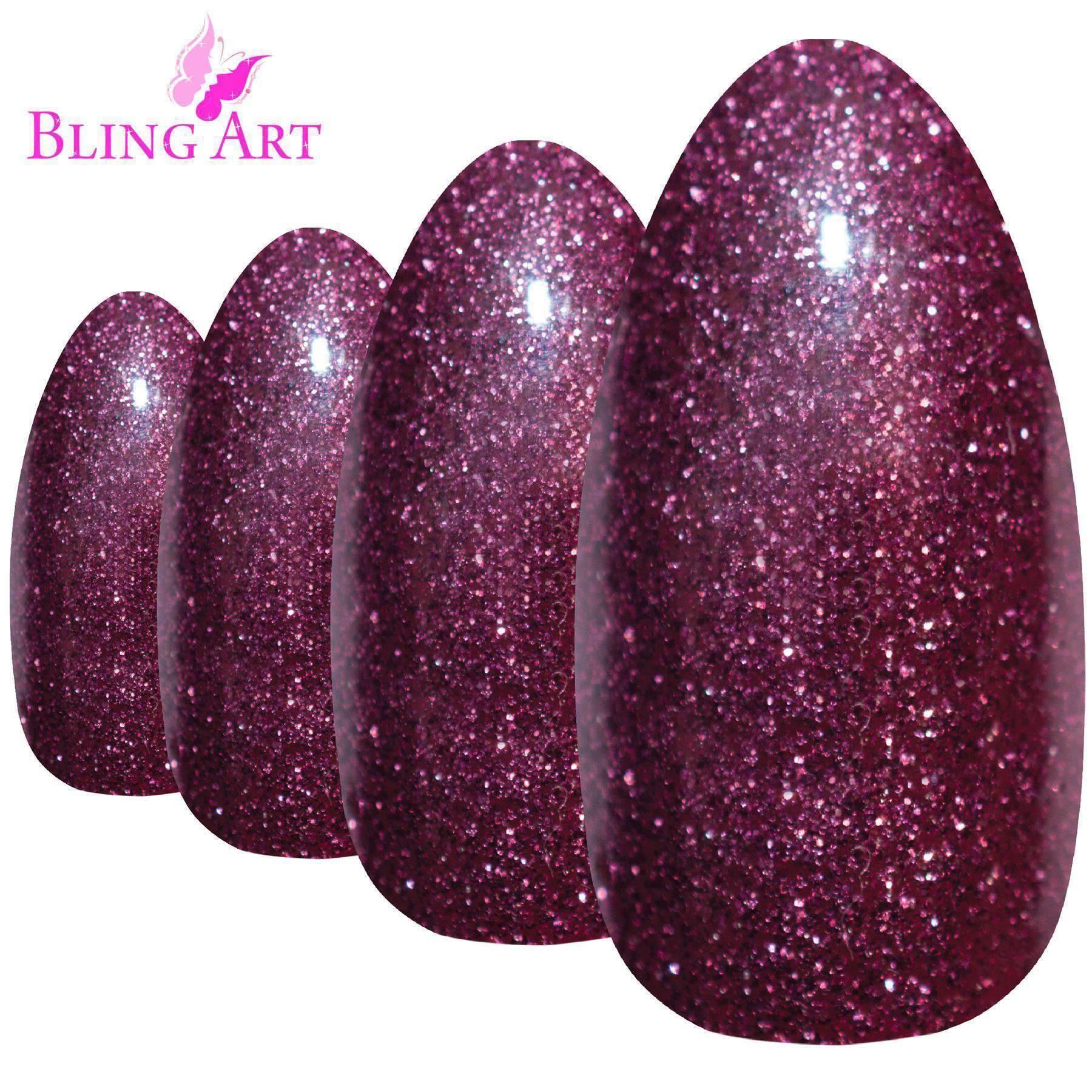 Bling Art Sangria Red Brown Gel Almond Stiletto Fake Nails with glue, nail file, and cuticle stick displayed elegantly.