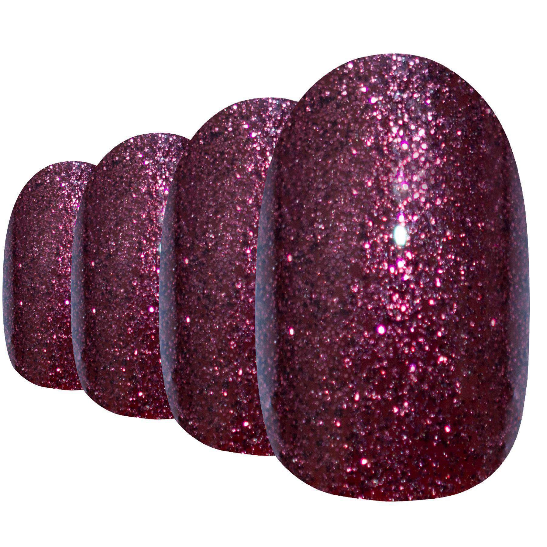 Bling Art False Nails in Sangria Red Brown, featuring oval medium acrylic tips with a glossy finish and glitter.