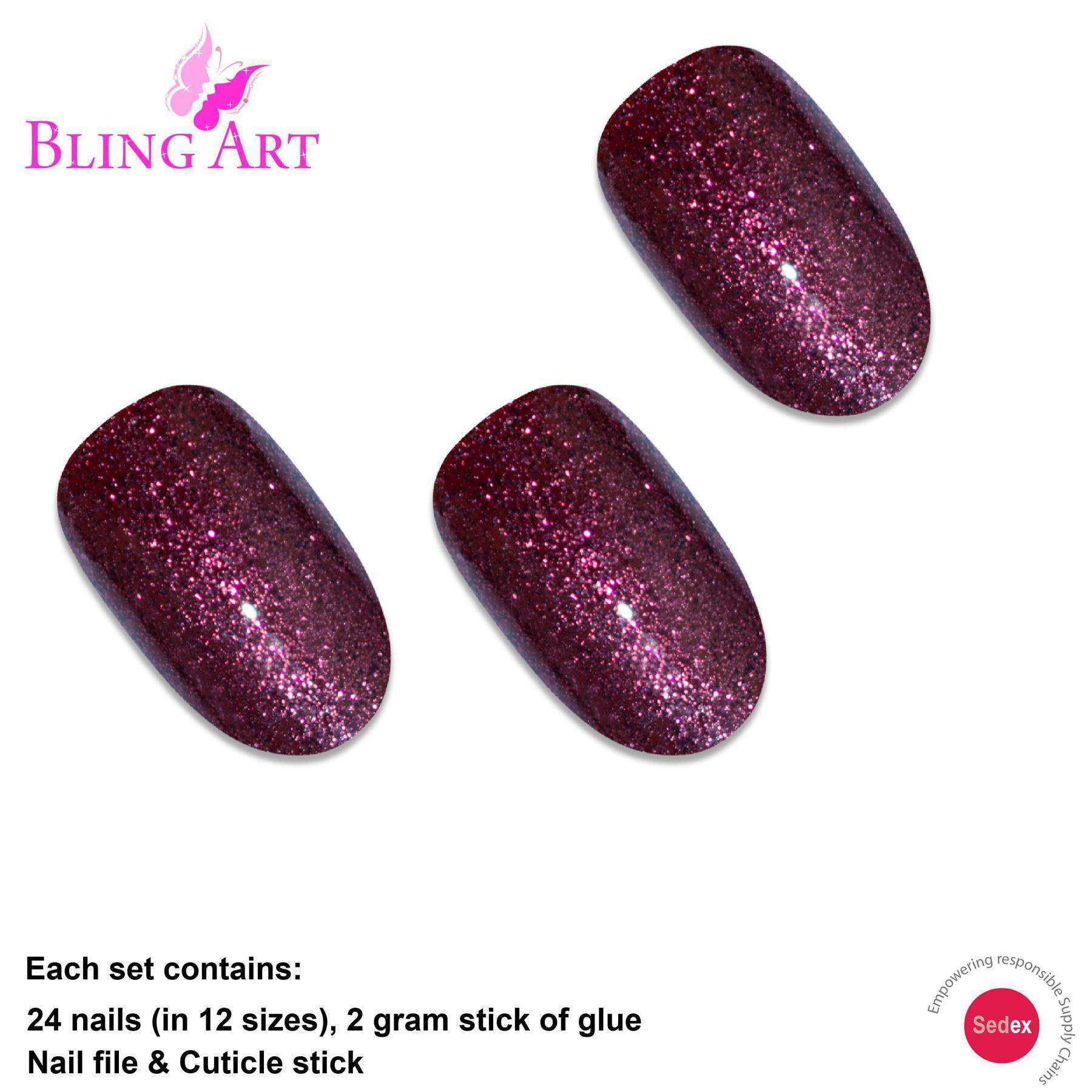 Bling Art False Nails in Sangria Red Brown, featuring oval medium acrylic tips with a glossy finish and glitter.