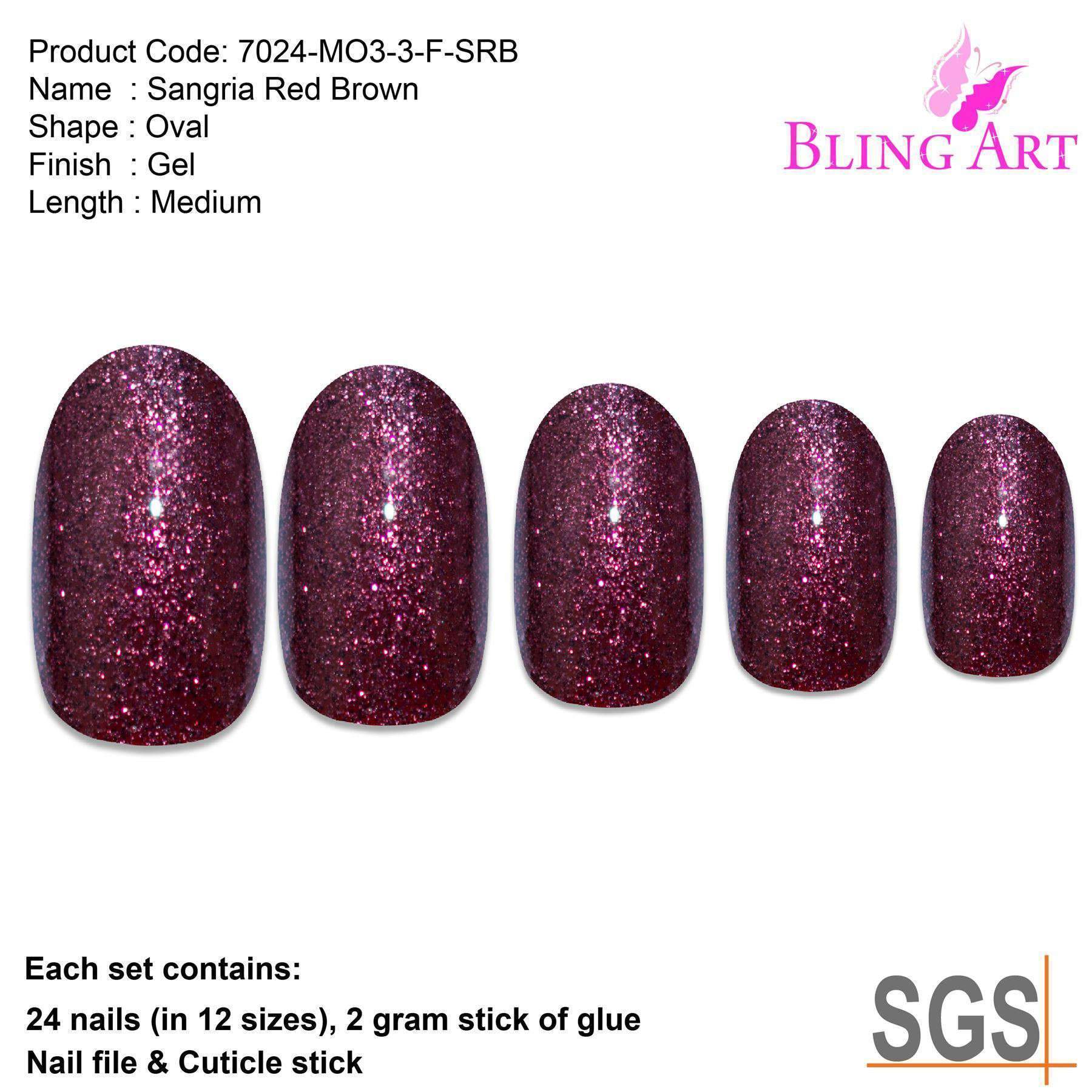 Bling Art False Nails in Sangria Red Brown, featuring oval medium acrylic tips with a glossy finish and glitter.