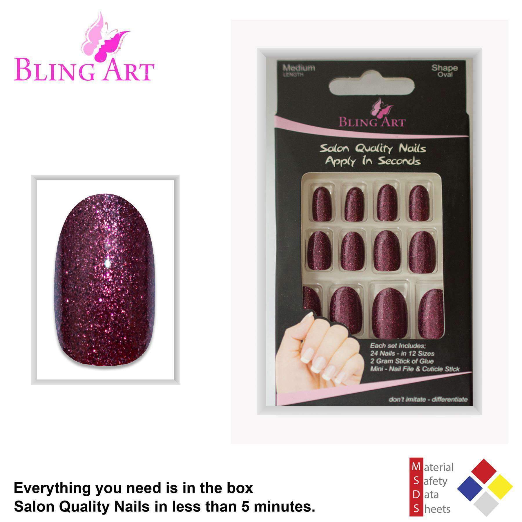 Bling Art False Nails in Sangria Red Brown, featuring oval medium acrylic tips with a glossy finish and glitter.