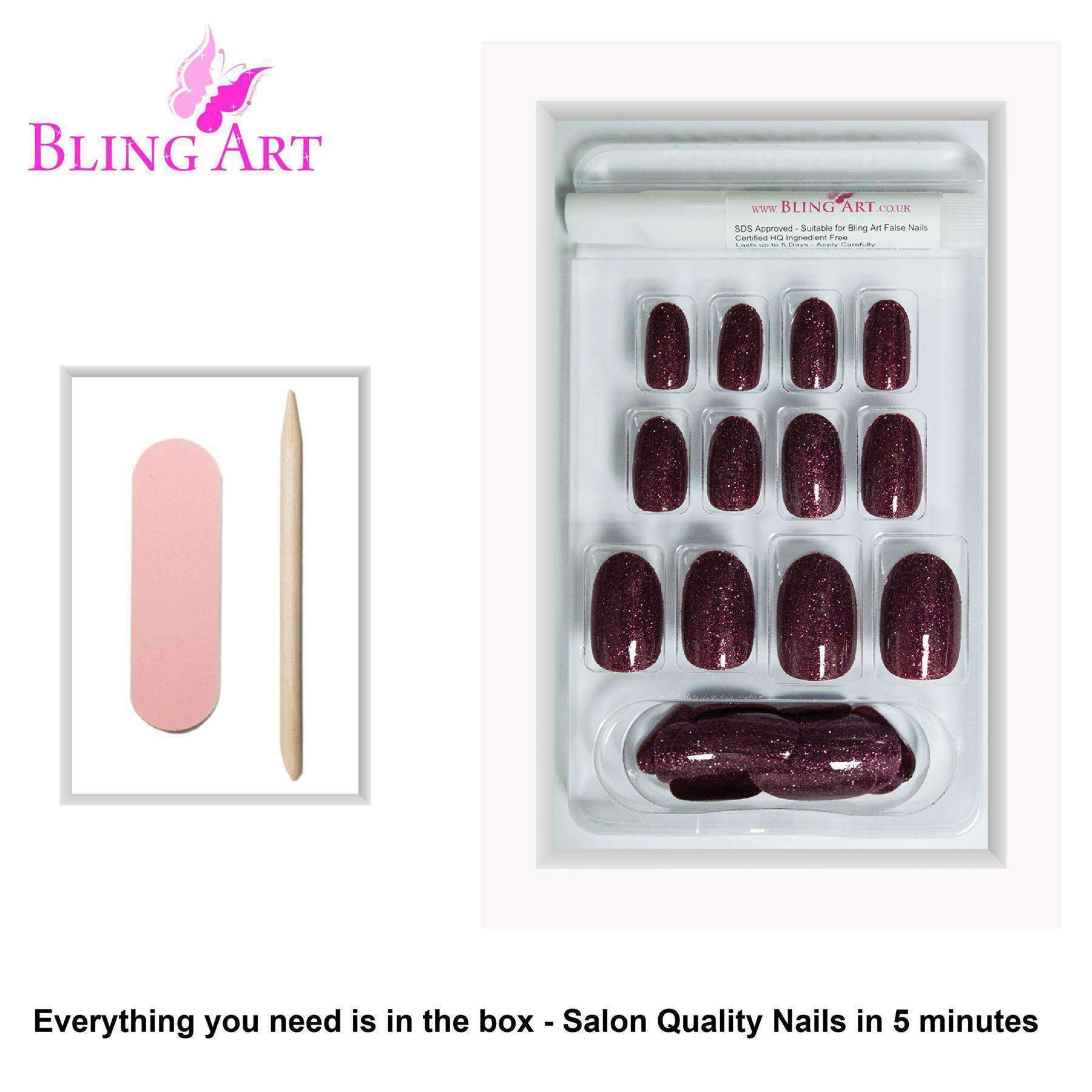 Bling Art False Nails in Sangria Red Brown, featuring oval medium acrylic tips with a glossy finish and glitter.