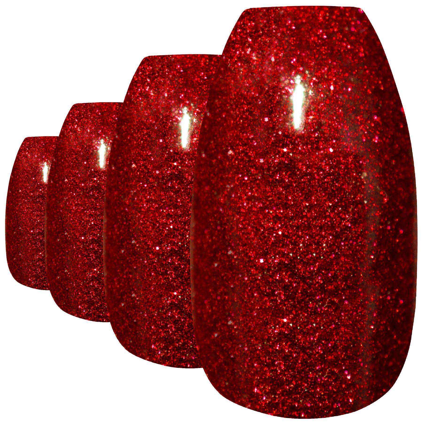 Bling Art Valentina Red Gel Ballerina Coffin nails, showcasing 24 long acrylic tips in a glossy finish with included accessories.