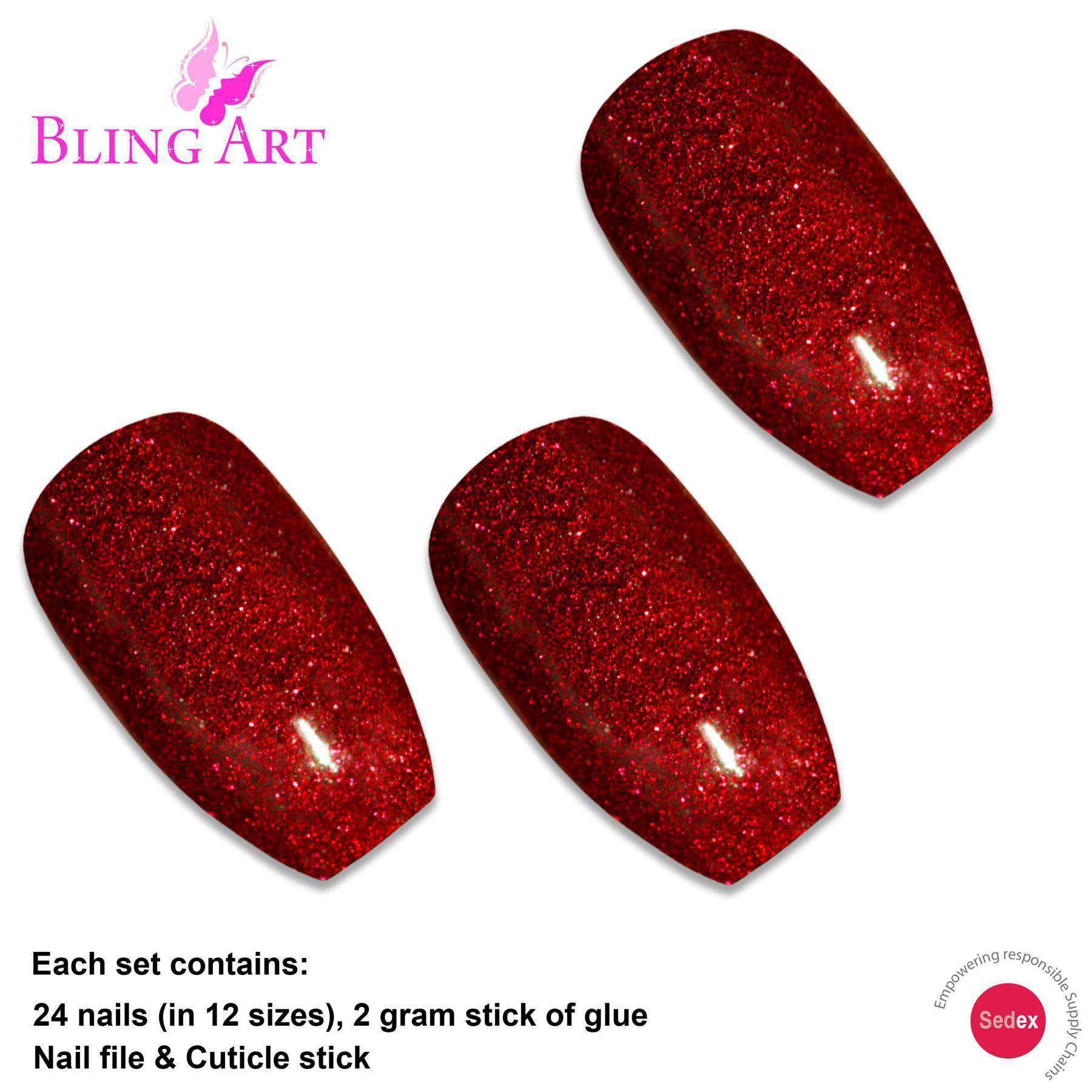 Bling Art Valentina Red Gel Ballerina Coffin nails, showcasing 24 long acrylic tips in a glossy finish with included accessories.