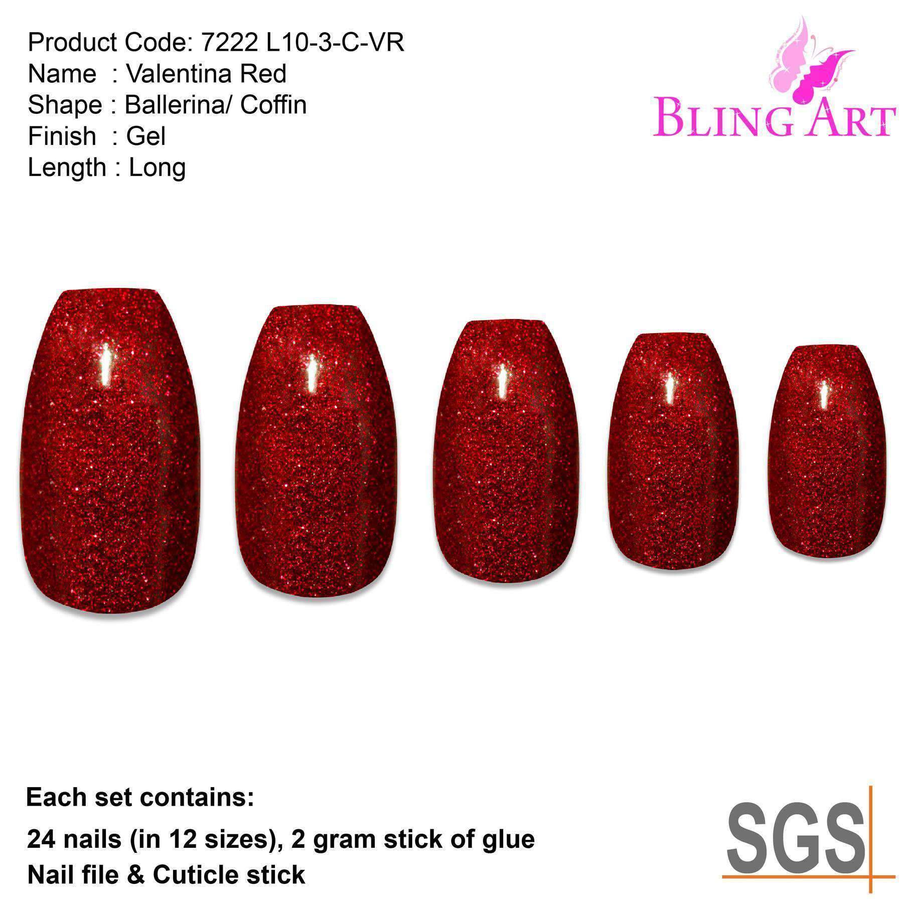 Bling Art Valentina Red Gel Ballerina Coffin nails, showcasing 24 long acrylic tips in a glossy finish with included accessories.