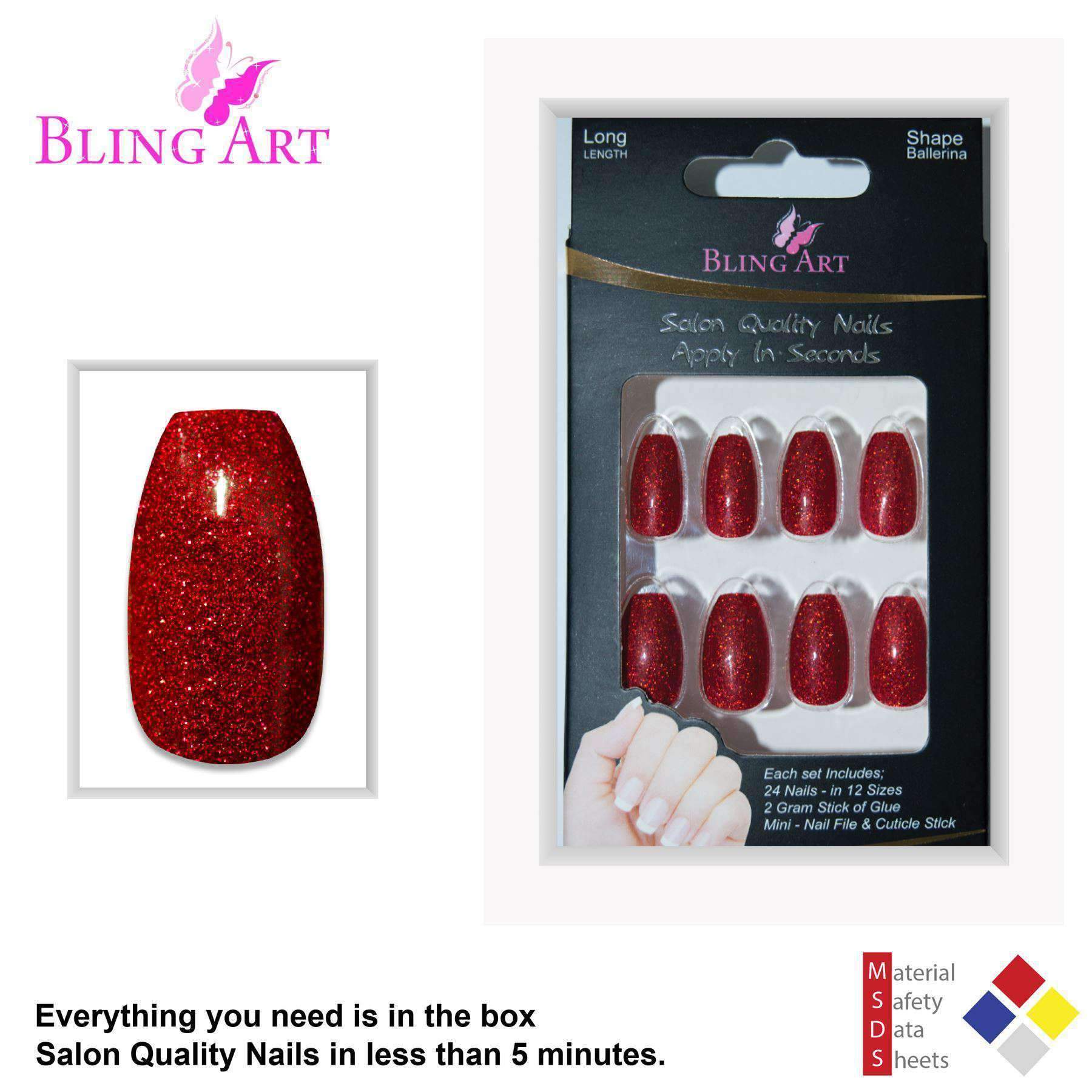 Bling Art Valentina Red Gel Ballerina Coffin nails, showcasing 24 long acrylic tips in a glossy finish with included accessories.