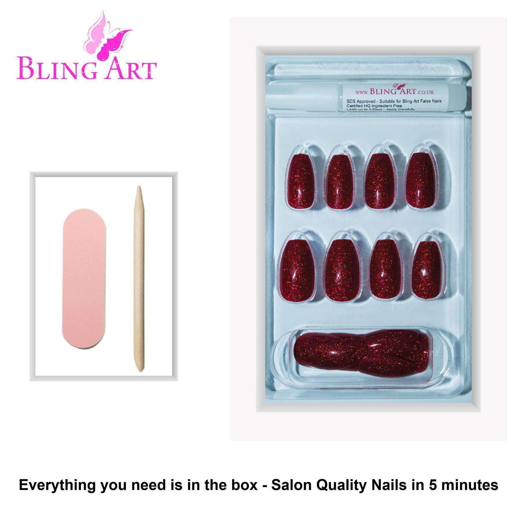 Bling Art Valentina Red Gel Ballerina Coffin nails, showcasing 24 long acrylic tips in a glossy finish with included accessories.