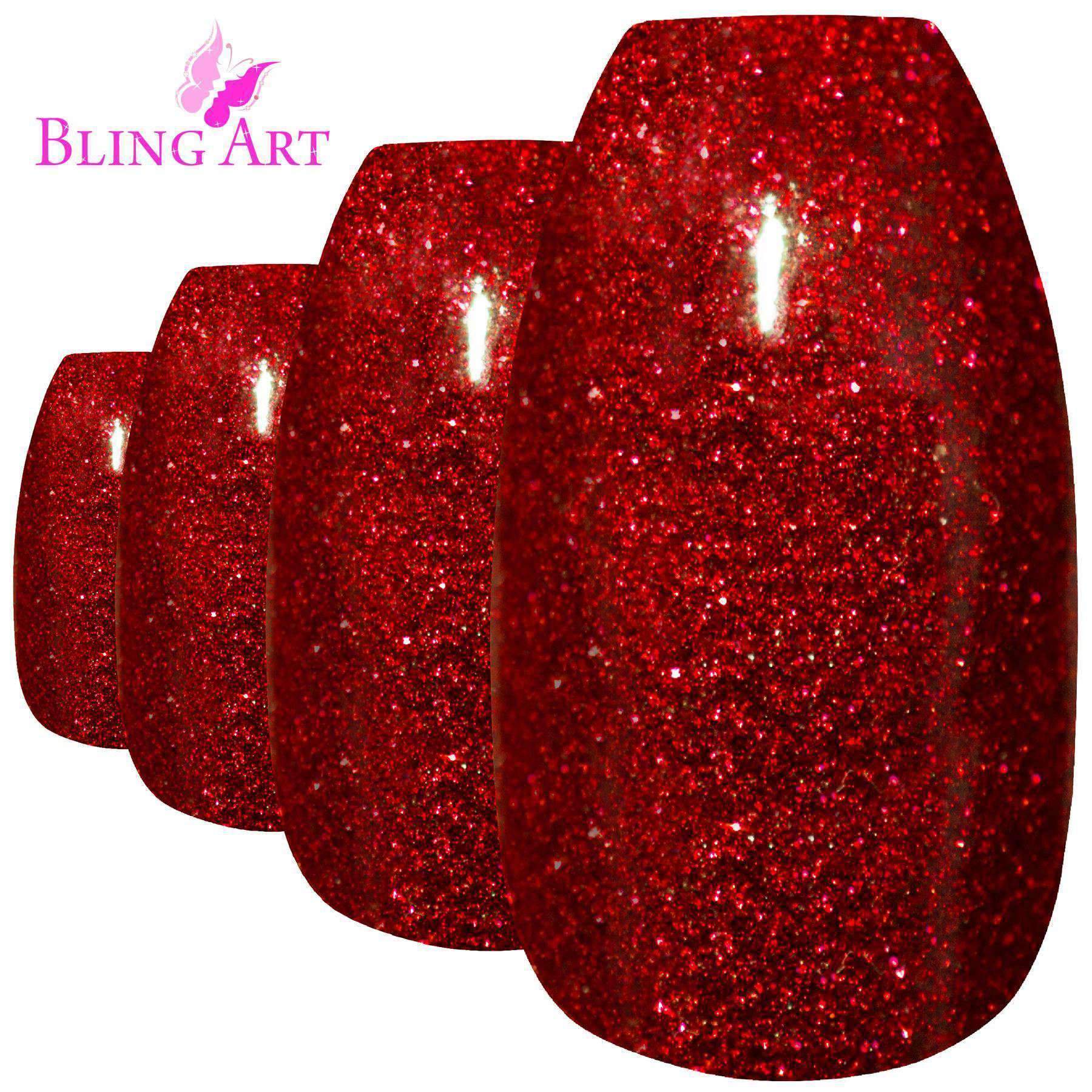 Bling Art Valentina Red Gel Ballerina Coffin nails, showcasing 24 long acrylic tips in a glossy finish with included accessories.