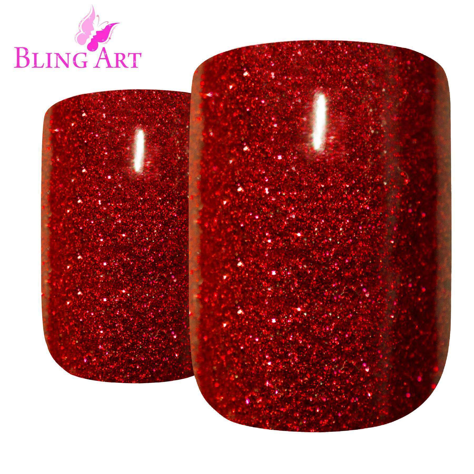 Bling Art Valentina Red Gel French Manicure fake nails set with 24 medium squoval tips, glue, nail file, and cuticle stick.