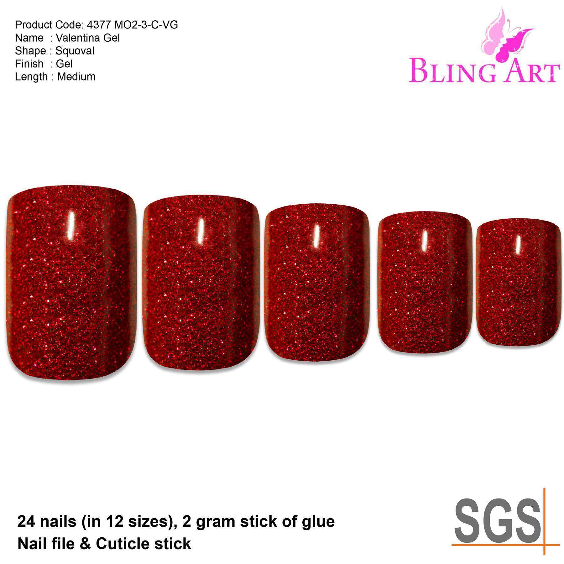 Bling Art Valentina Red Gel French Manicure fake nails set with 24 medium squoval tips, glue, nail file, and cuticle stick.