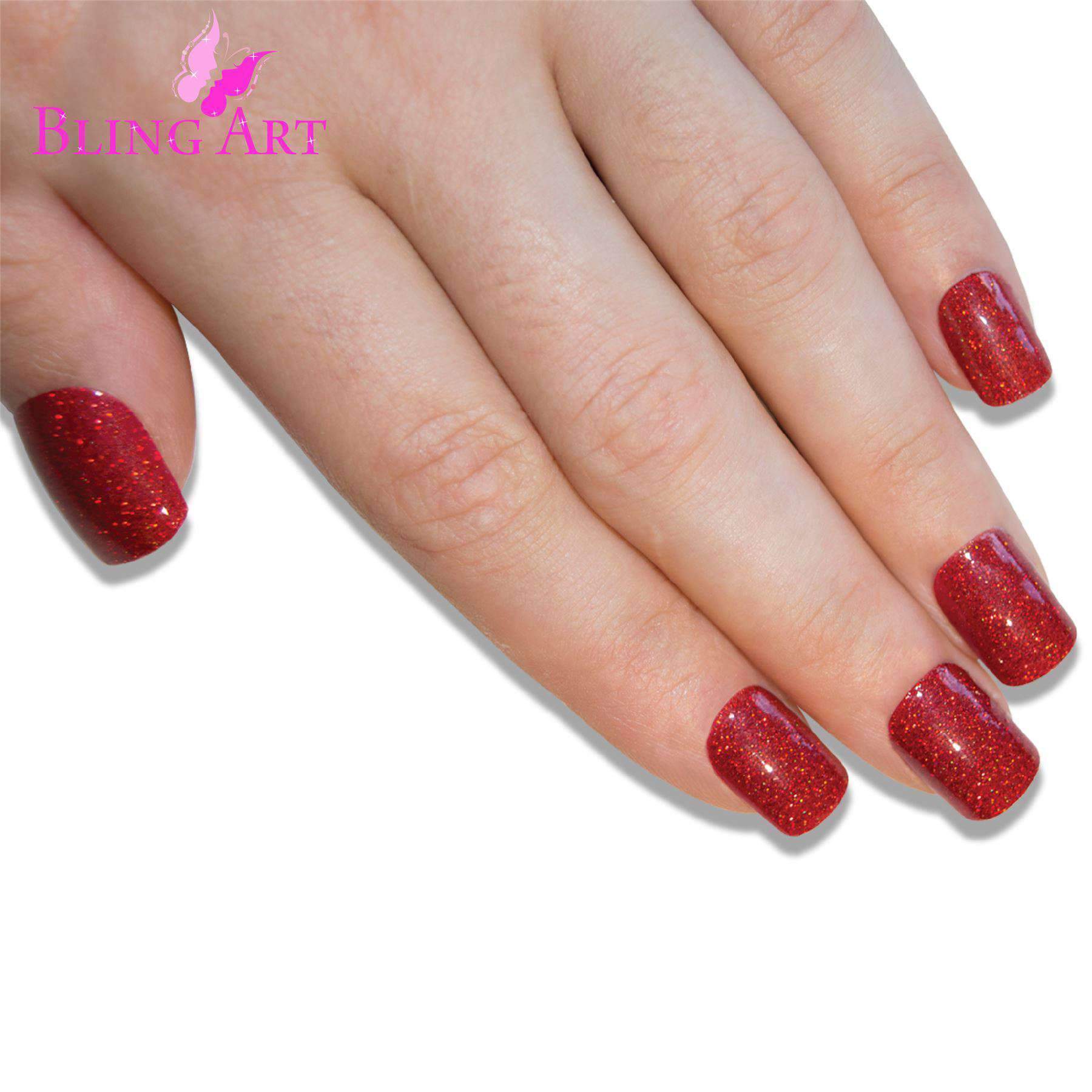 Bling Art Valentina Red Gel French Manicure fake nails set with 24 medium squoval tips, glue, nail file, and cuticle stick.