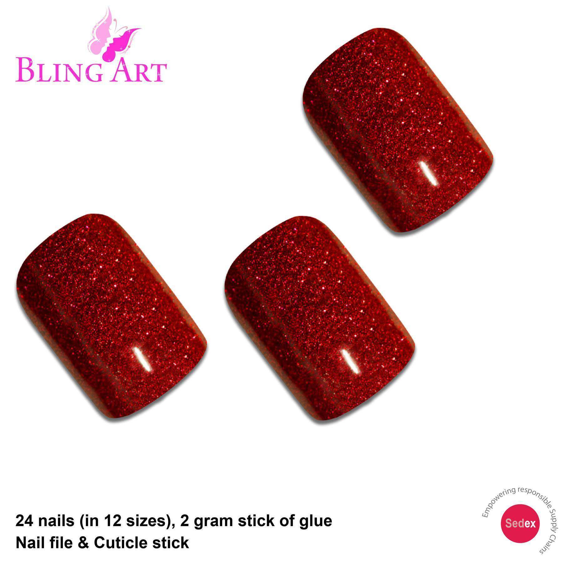 Bling Art Valentina Red Gel French Manicure fake nails set with 24 medium squoval tips, glue, nail file, and cuticle stick.