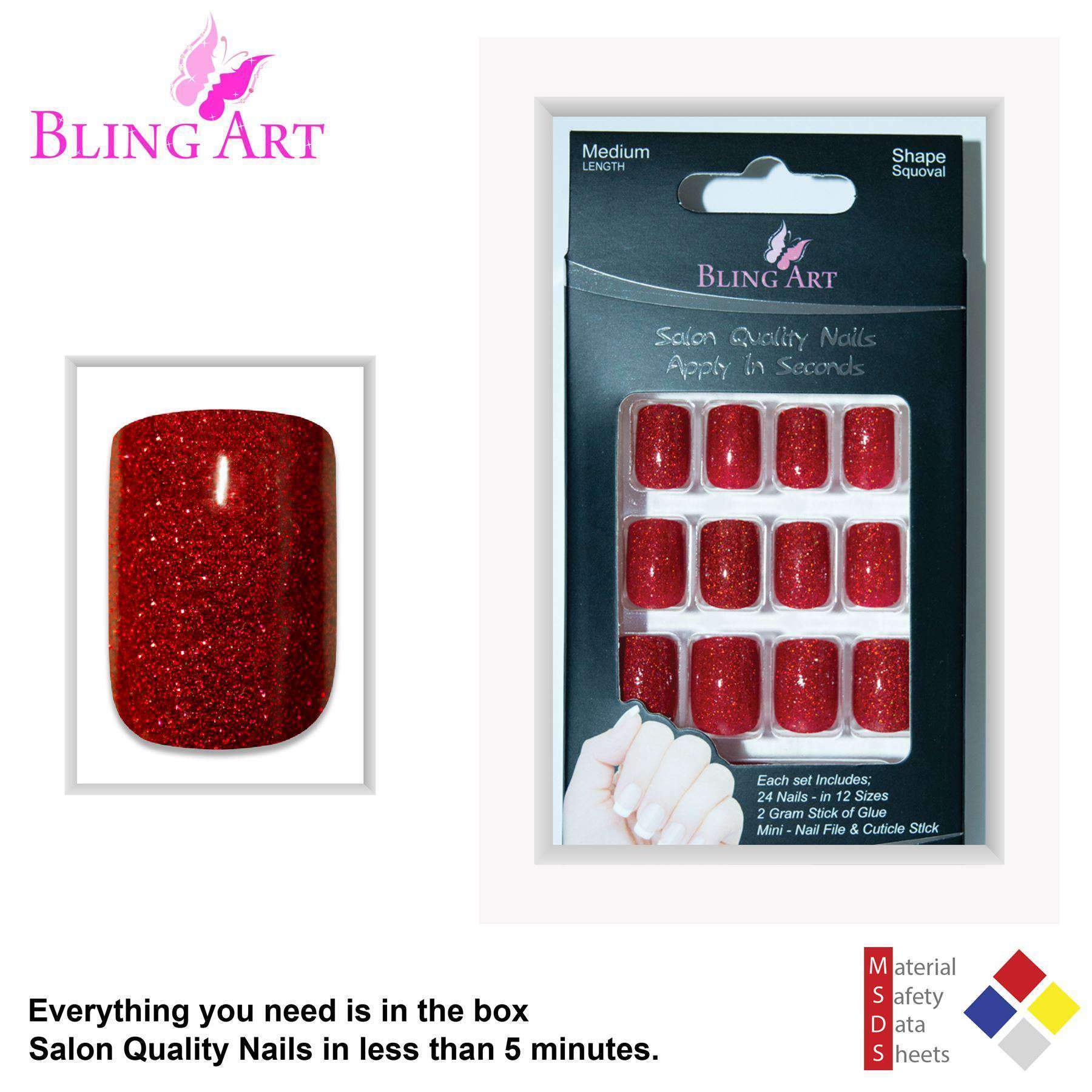 Bling Art Valentina Red Gel French Manicure fake nails set with 24 medium squoval tips, glue, nail file, and cuticle stick.