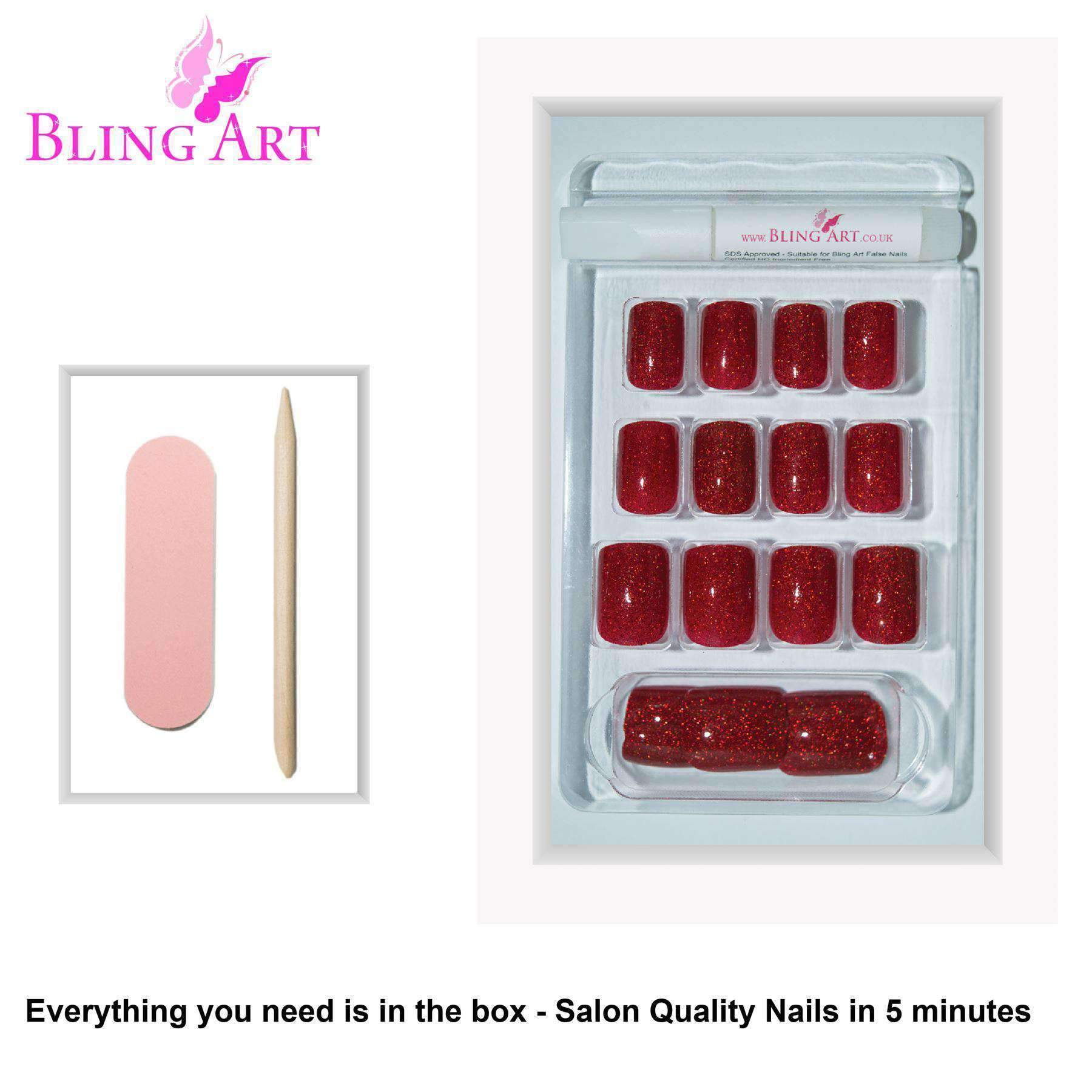 Bling Art Valentina Red Gel French Manicure fake nails set with 24 medium squoval tips, glue, nail file, and cuticle stick.