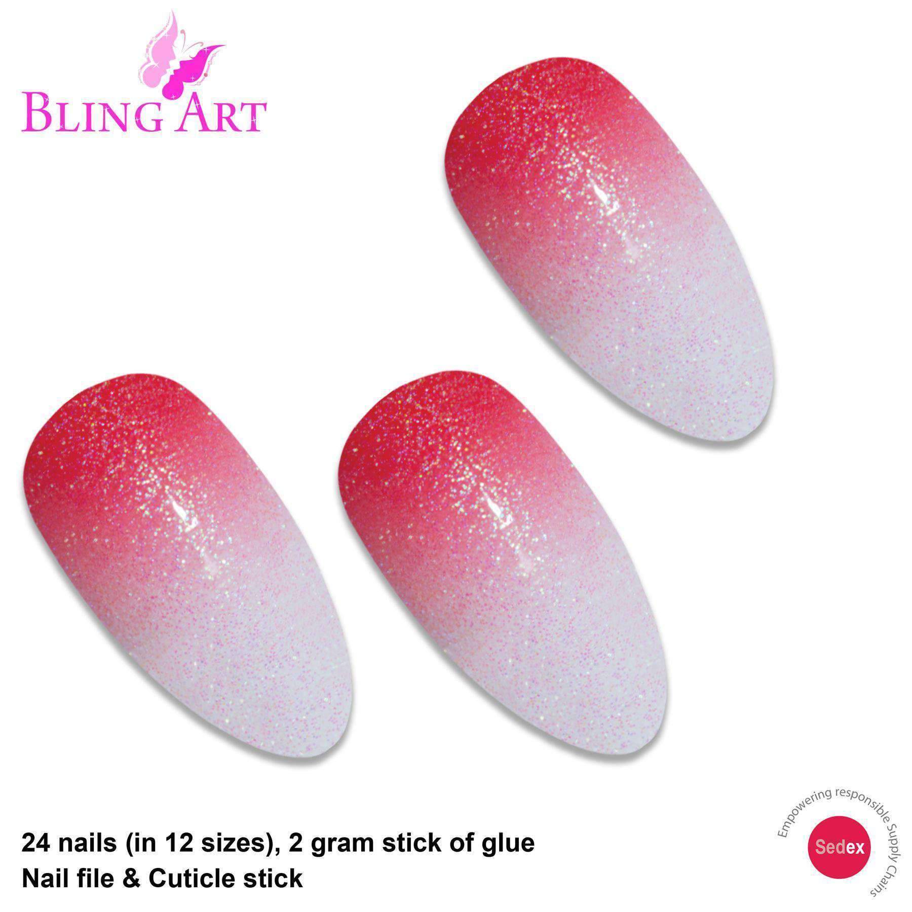 Bling Art Red Gel Ombre Almond Stiletto Fake Nails set with glue, nail file, and cuticle stick.