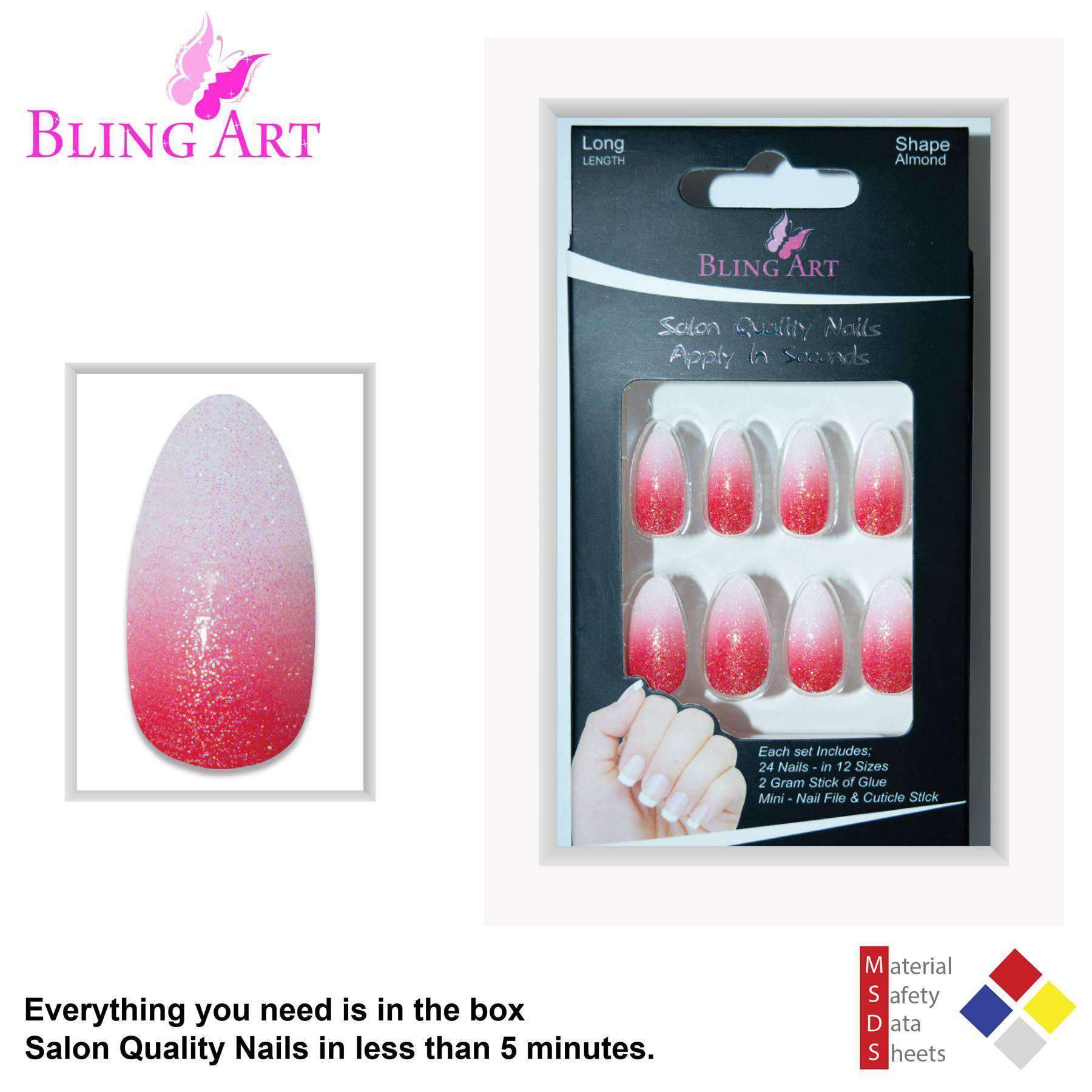 Bling Art Red Gel Ombre Almond Stiletto Fake Nails set with glue, nail file, and cuticle stick.