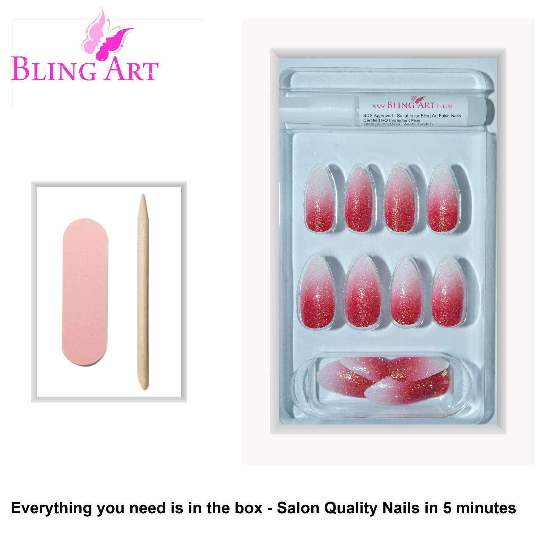 Bling Art Red Gel Ombre Almond Stiletto Fake Nails set with glue, nail file, and cuticle stick.