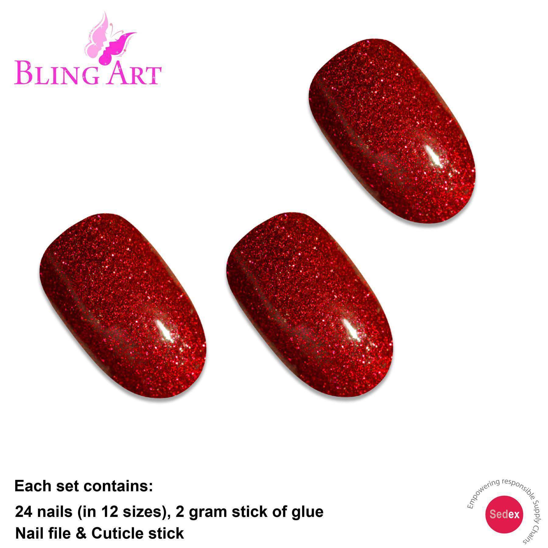 Bling Art Valentina Red Gel Oval Medium Fake Acrylic Nails set with 24 tips, glue, nail file, and cuticle stick.