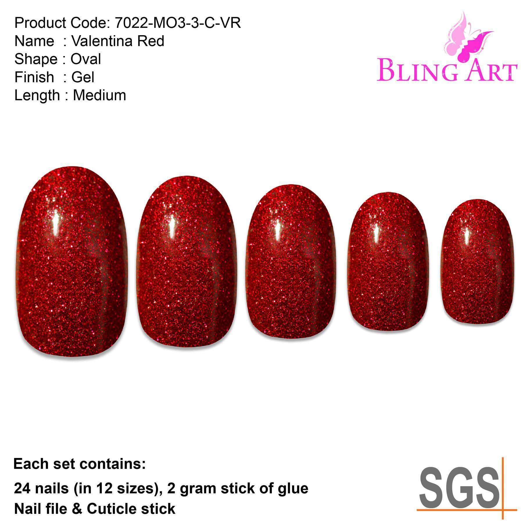 Bling Art Valentina Red Gel Oval Medium Fake Acrylic Nails set with 24 tips, glue, nail file, and cuticle stick.