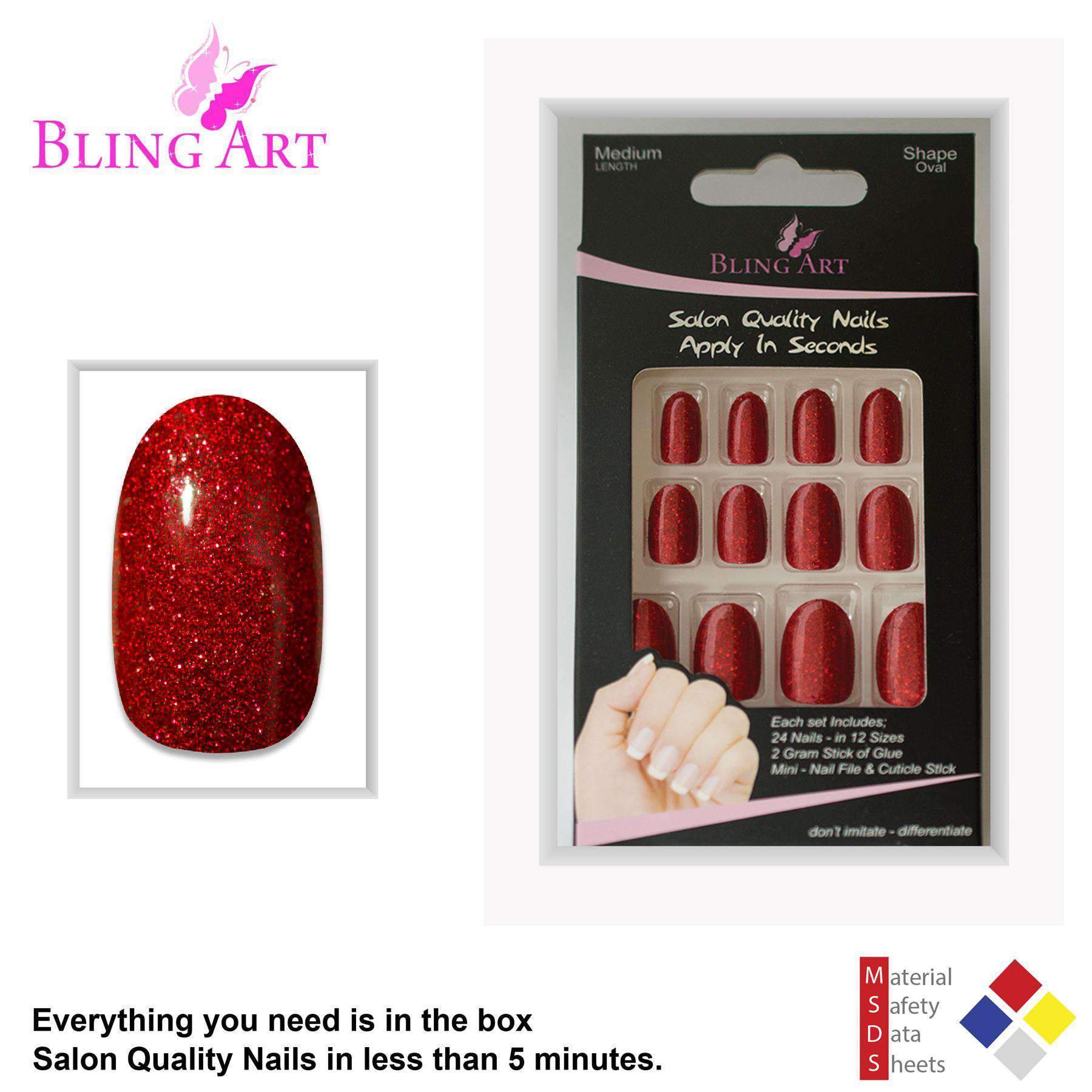 Bling Art Valentina Red Gel Oval Medium Fake Acrylic Nails set with 24 tips, glue, nail file, and cuticle stick.