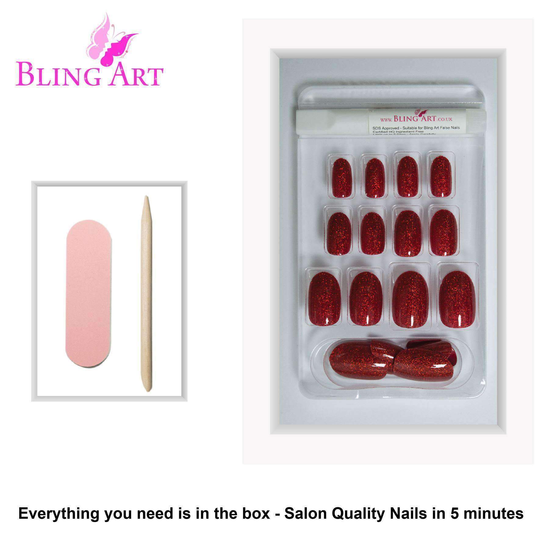 Bling Art Valentina Red Gel Oval Medium Fake Acrylic Nails set with 24 tips, glue, nail file, and cuticle stick.