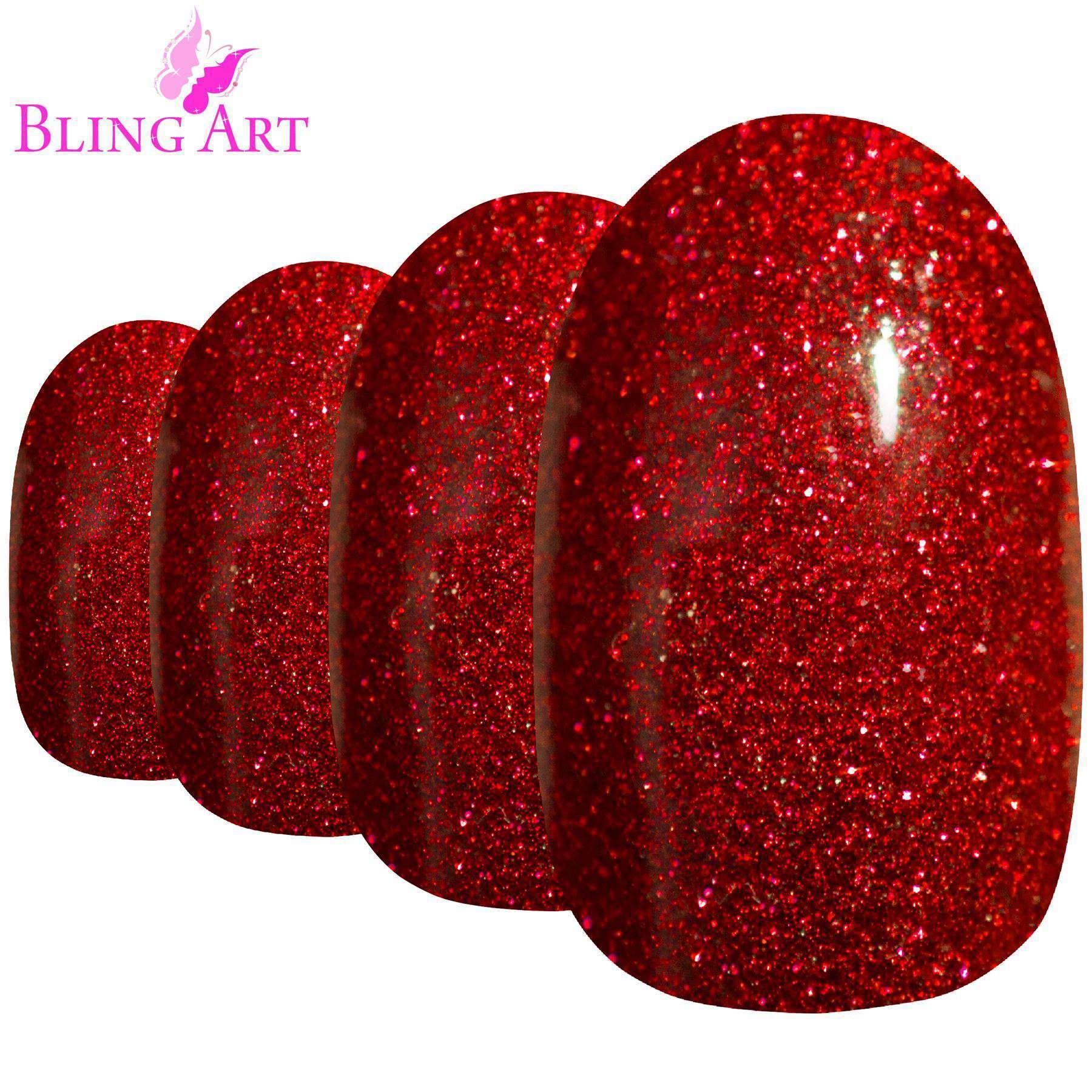 Bling Art Valentina Red Gel Oval Medium Fake Acrylic Nails set with 24 tips, glue, nail file, and cuticle stick.