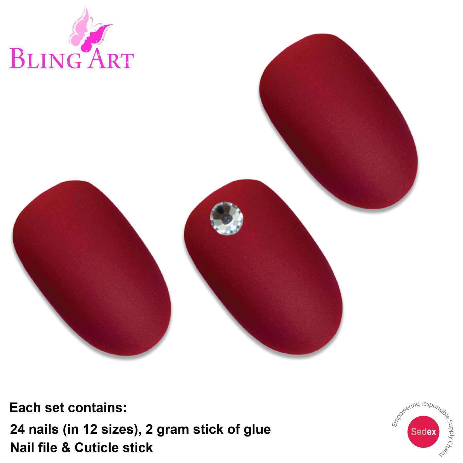 Bling Art Red Matte Oval Medium Fake Acrylic Nails set with 24 tips, including sparkling crystals and nail care accessories.