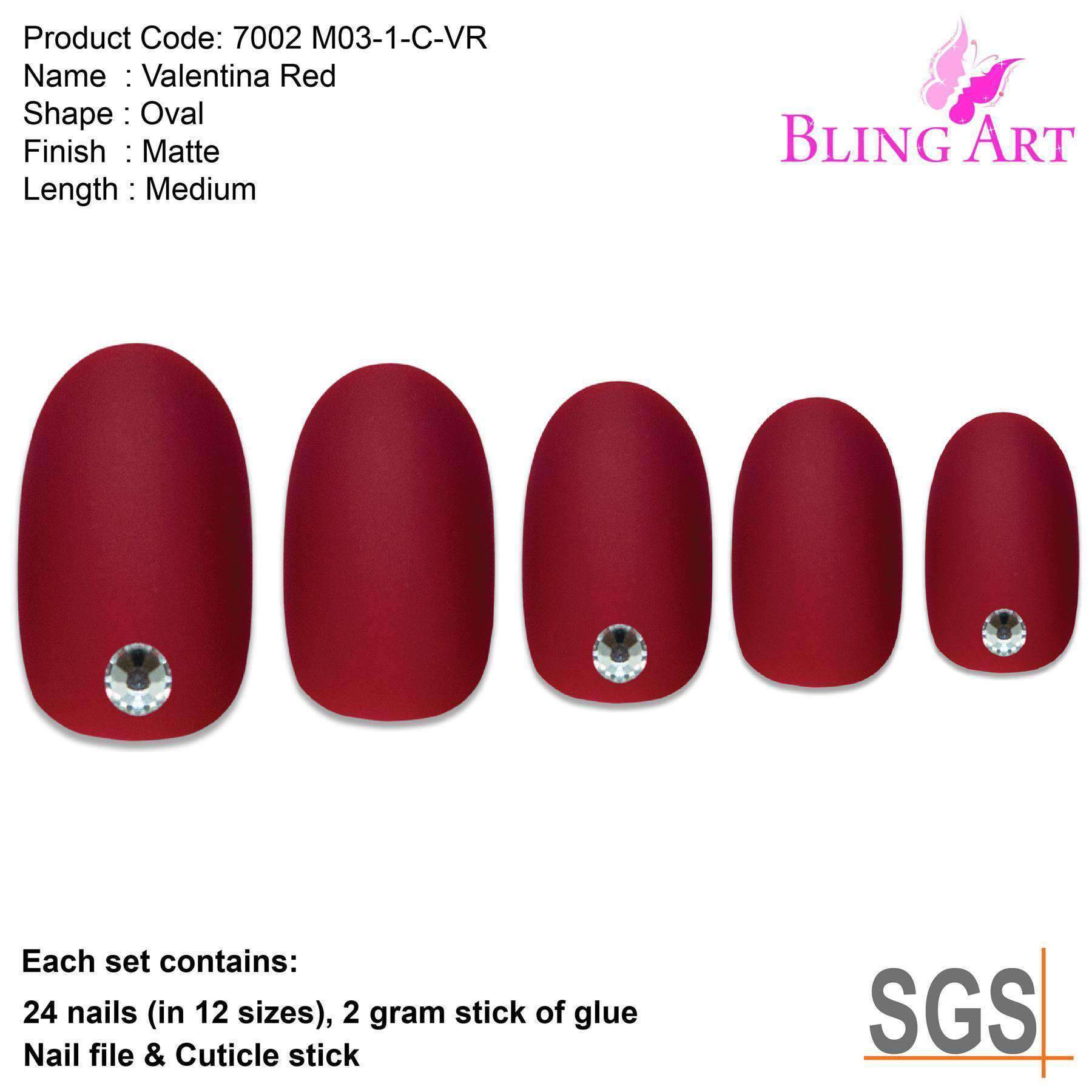 Bling Art Red Matte Oval Medium Fake Acrylic Nails set with 24 tips, including sparkling crystals and nail care accessories.