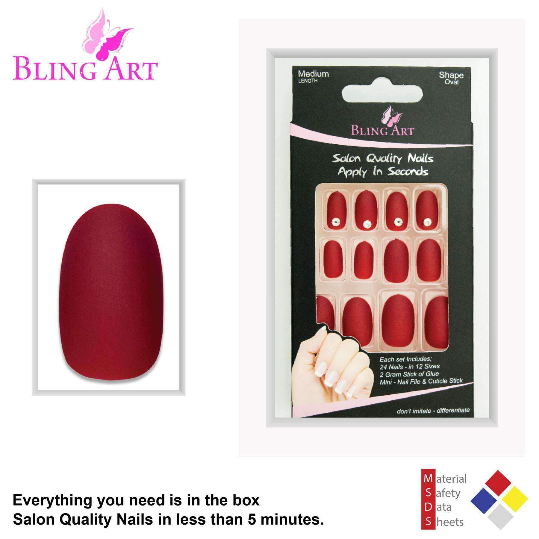 Bling Art Red Matte Oval Medium Fake Acrylic Nails set with 24 tips, including sparkling crystals and nail care accessories.