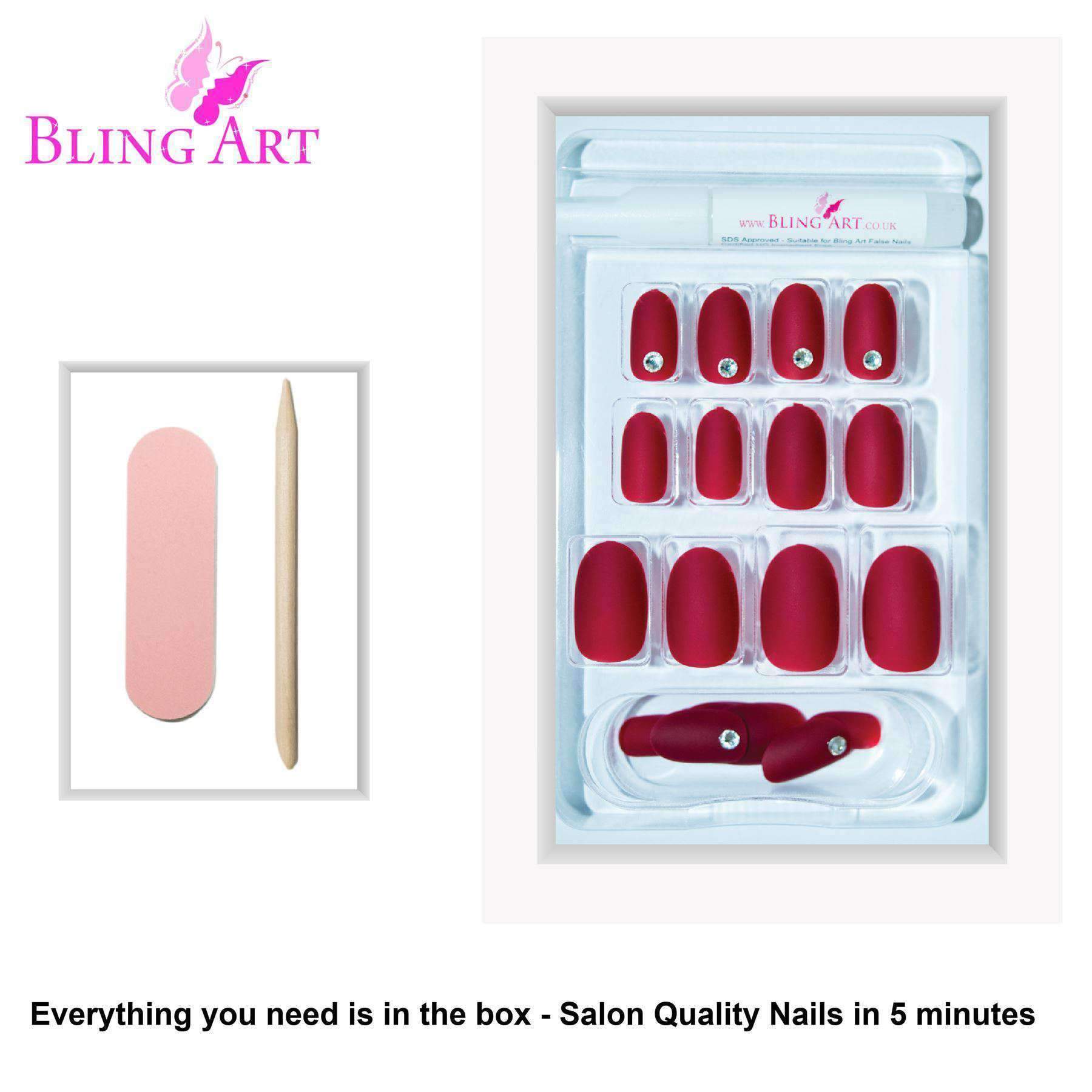 Bling Art Red Matte Oval Medium Fake Acrylic Nails set with 24 tips, including sparkling crystals and nail care accessories.