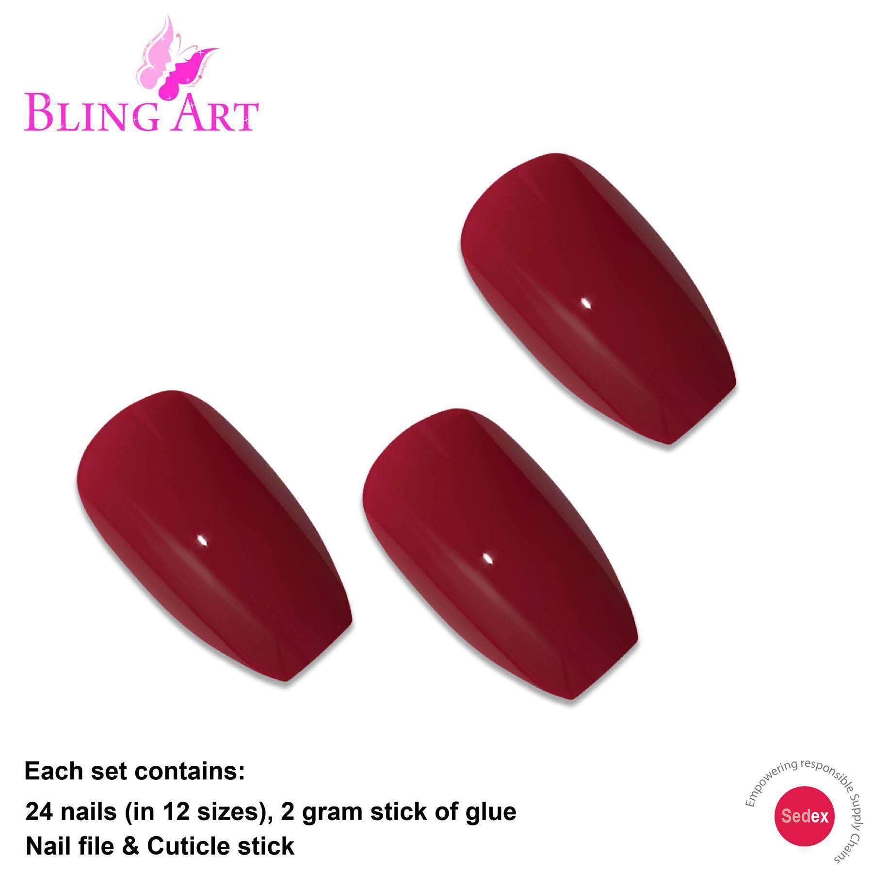 Bling Art Red Polished Ballerina Coffin Long Acrylic Nails set with glue, nail file, and cuticle stick.