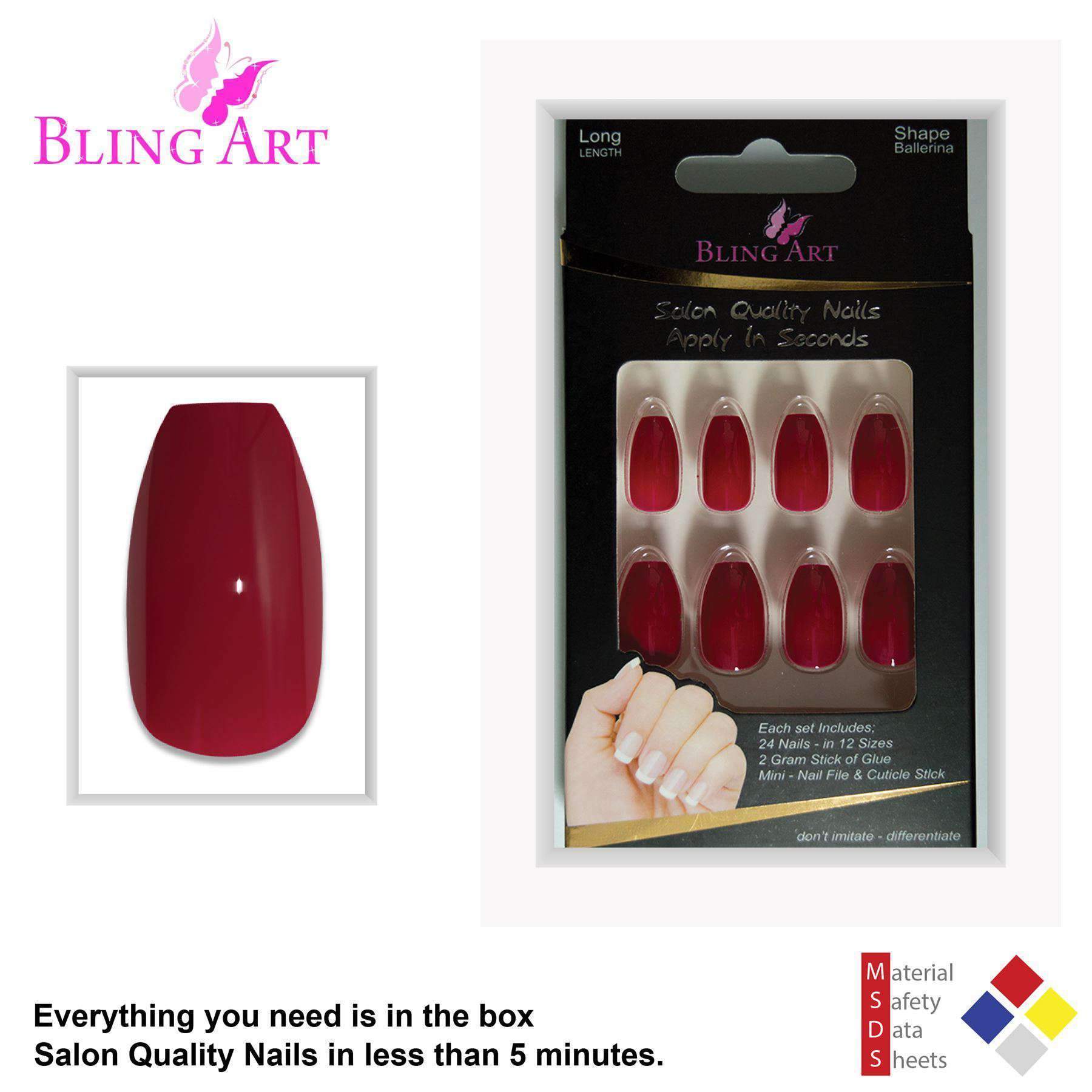 Bling Art Red Polished Ballerina Coffin Long Acrylic Nails set with glue, nail file, and cuticle stick.