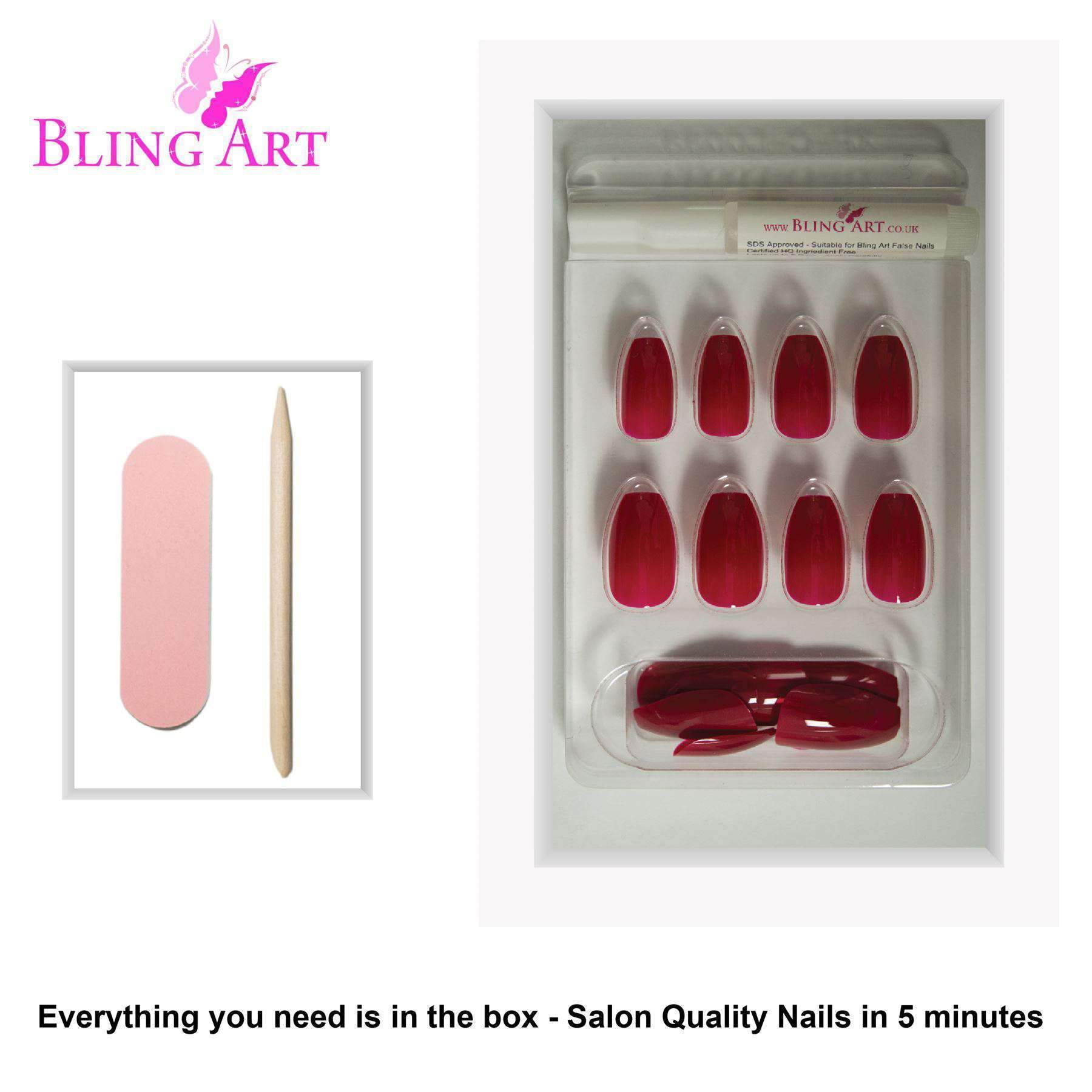 Bling Art Red Polished Ballerina Coffin Long Acrylic Nails set with glue, nail file, and cuticle stick.