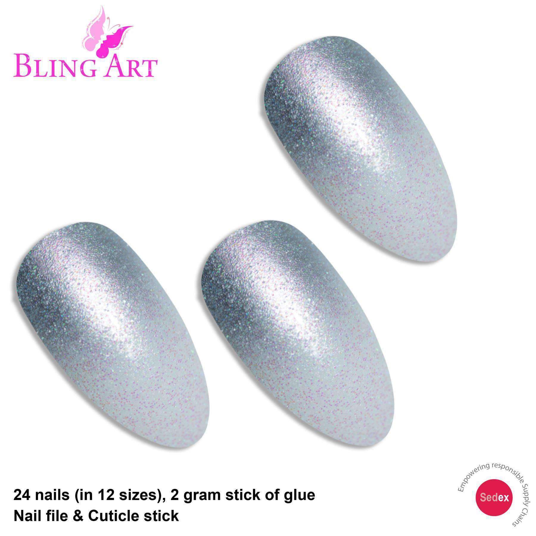 Bling Art Silver Gel Ombre Almond Stiletto false nails set with 24 acrylic tips, glue, nail file, and cuticle stick.